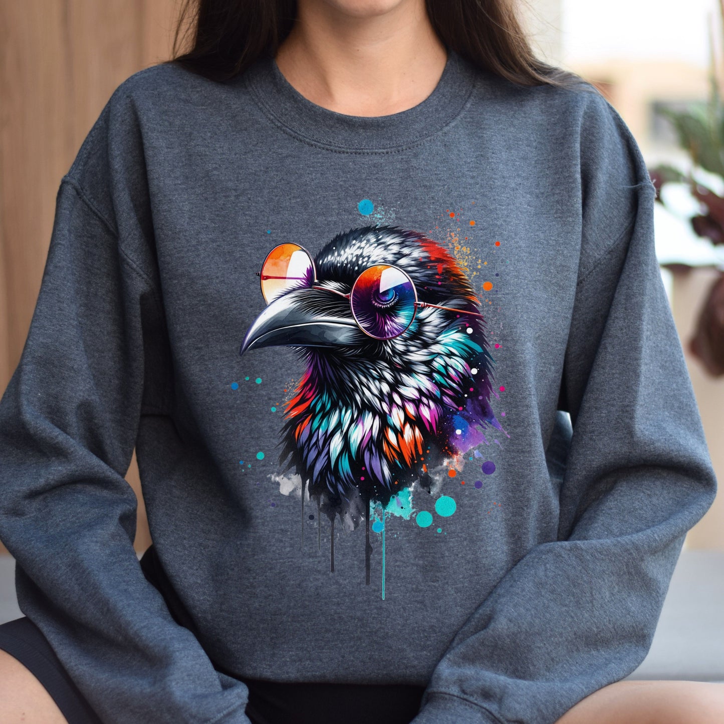 Cool Raven Color Splash Unisex Sweatshirt Black Navy Dark Heather-Family-Gift-Planet