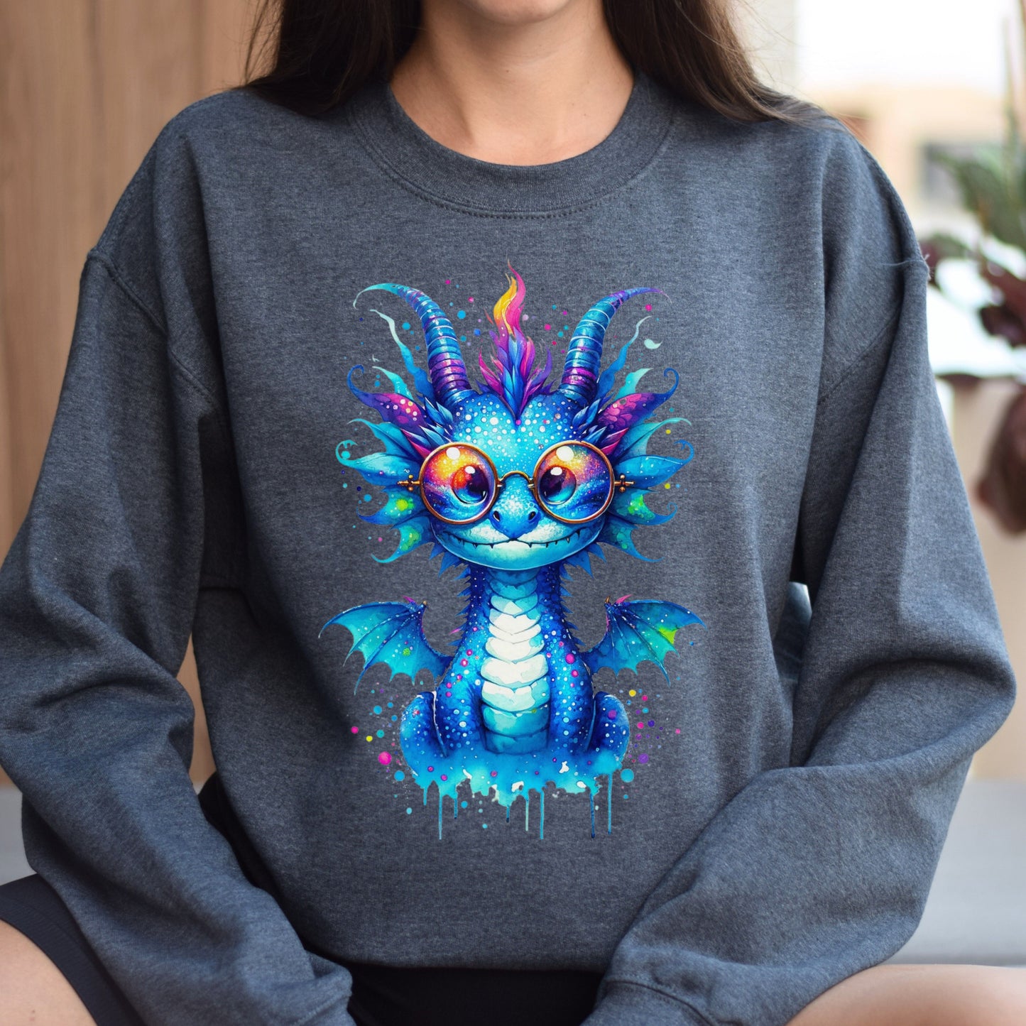 Cool cute Blue dragon 2024 Color Splash Unisex Sweatshirt Black Navy Dark Heather-Family-Gift-Planet