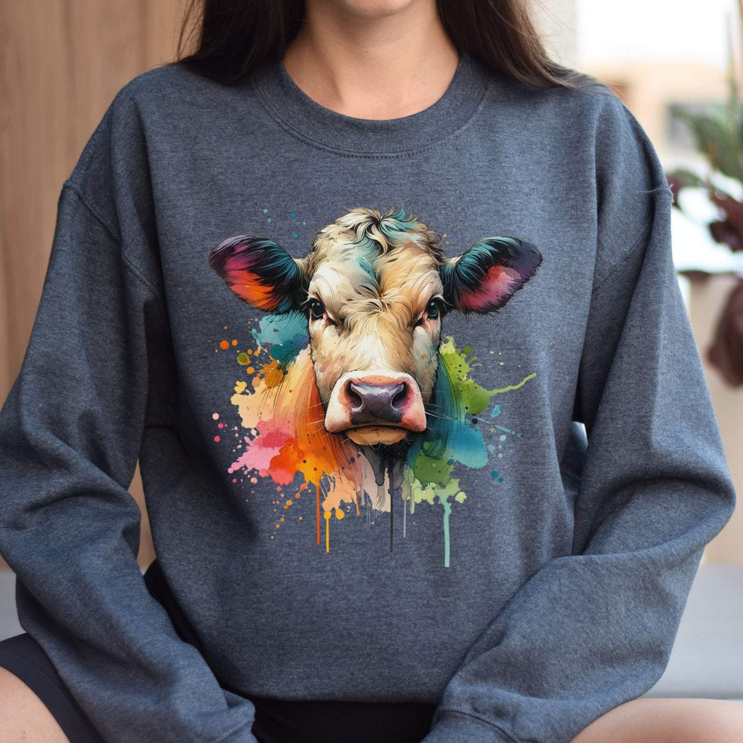 Cow Color Splash Unisex Sweatshirt Black Navy Dark Heather-Dark Heather-Family-Gift-Planet