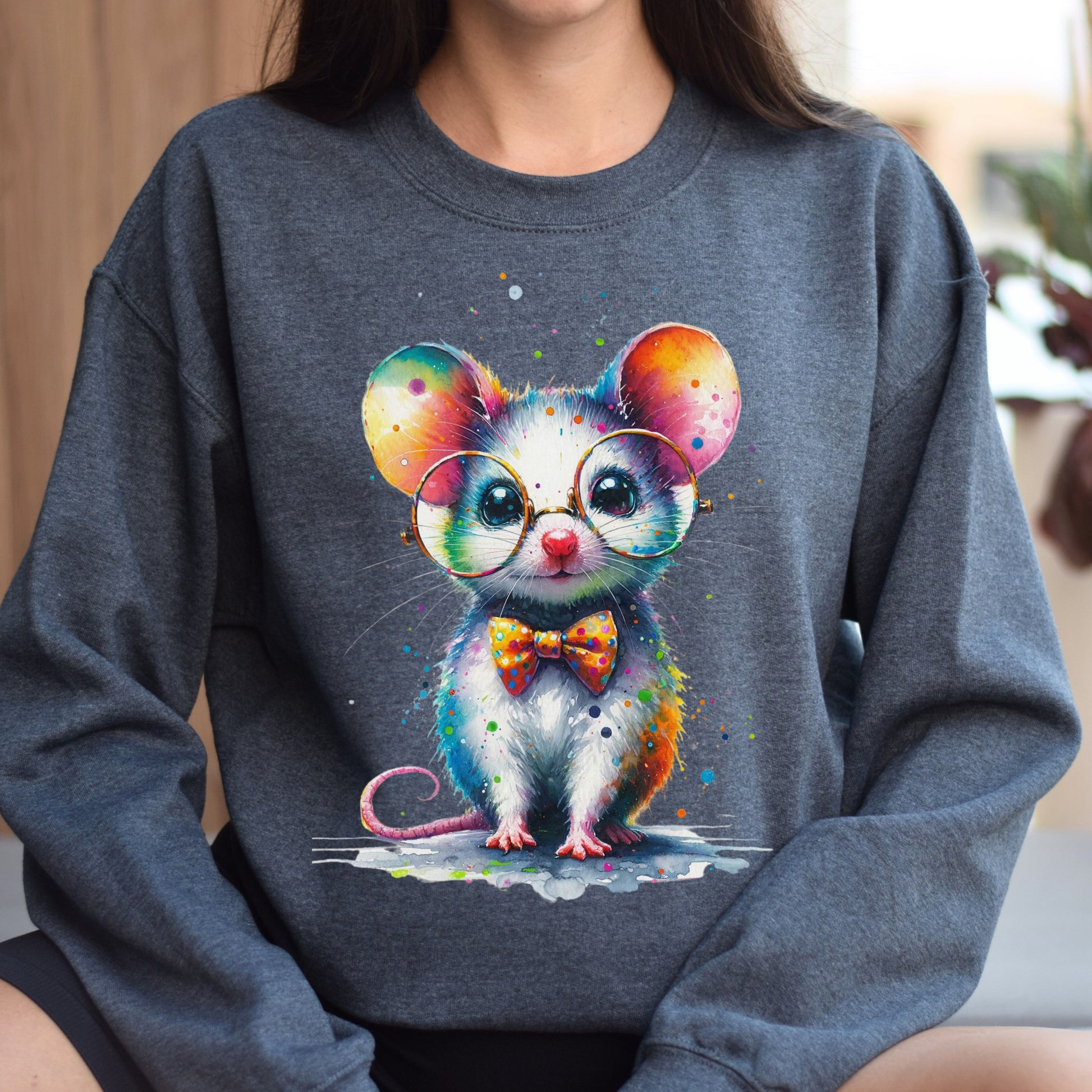 Cute inteligent mouse with glasses Color Splash Unisex Sweatshirt-Dark Heather-Family-Gift-Planet