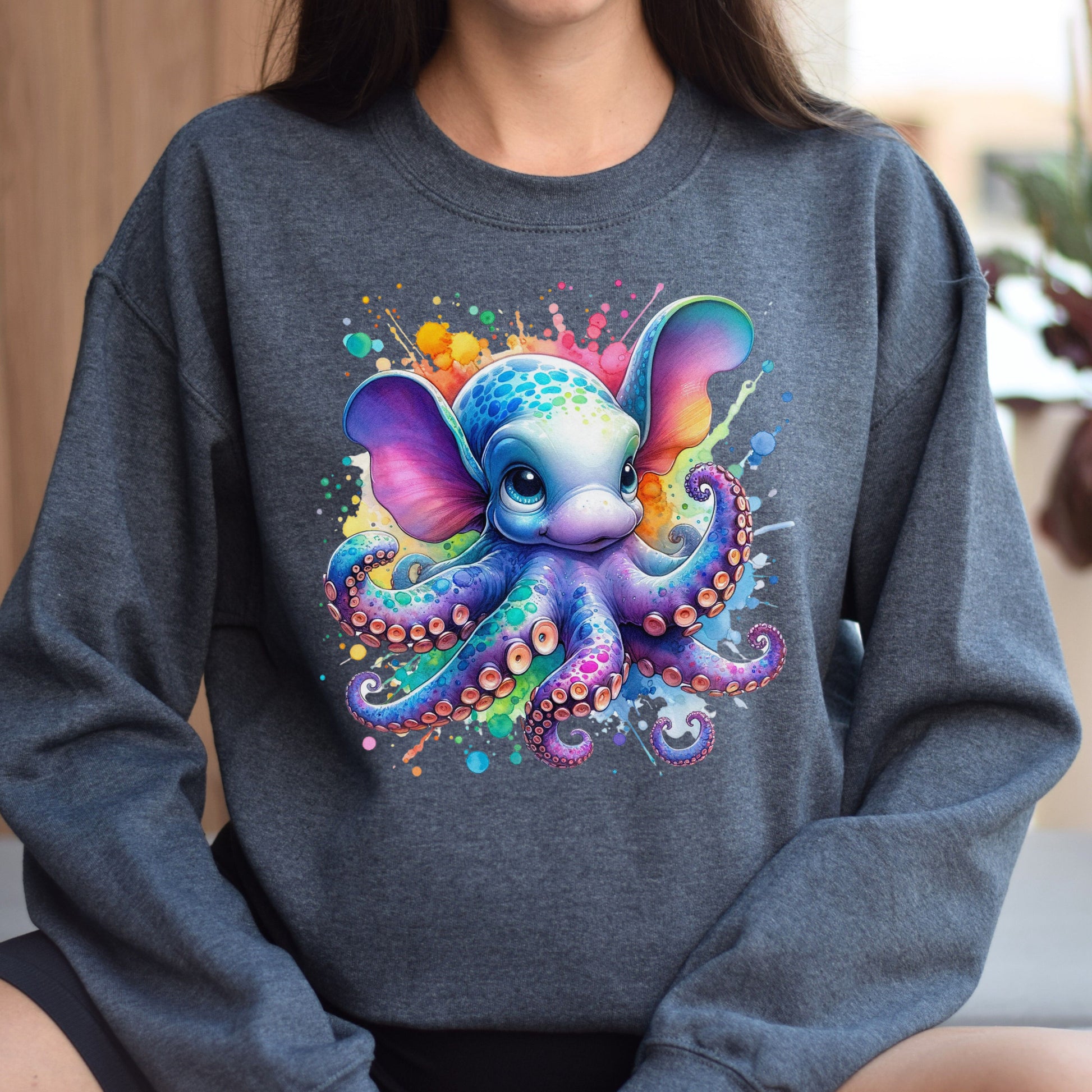 Artistic Dumbo Octopus Color Splash Unisex Sweatshirt Black Navy Dark Heather-Family-Gift-Planet