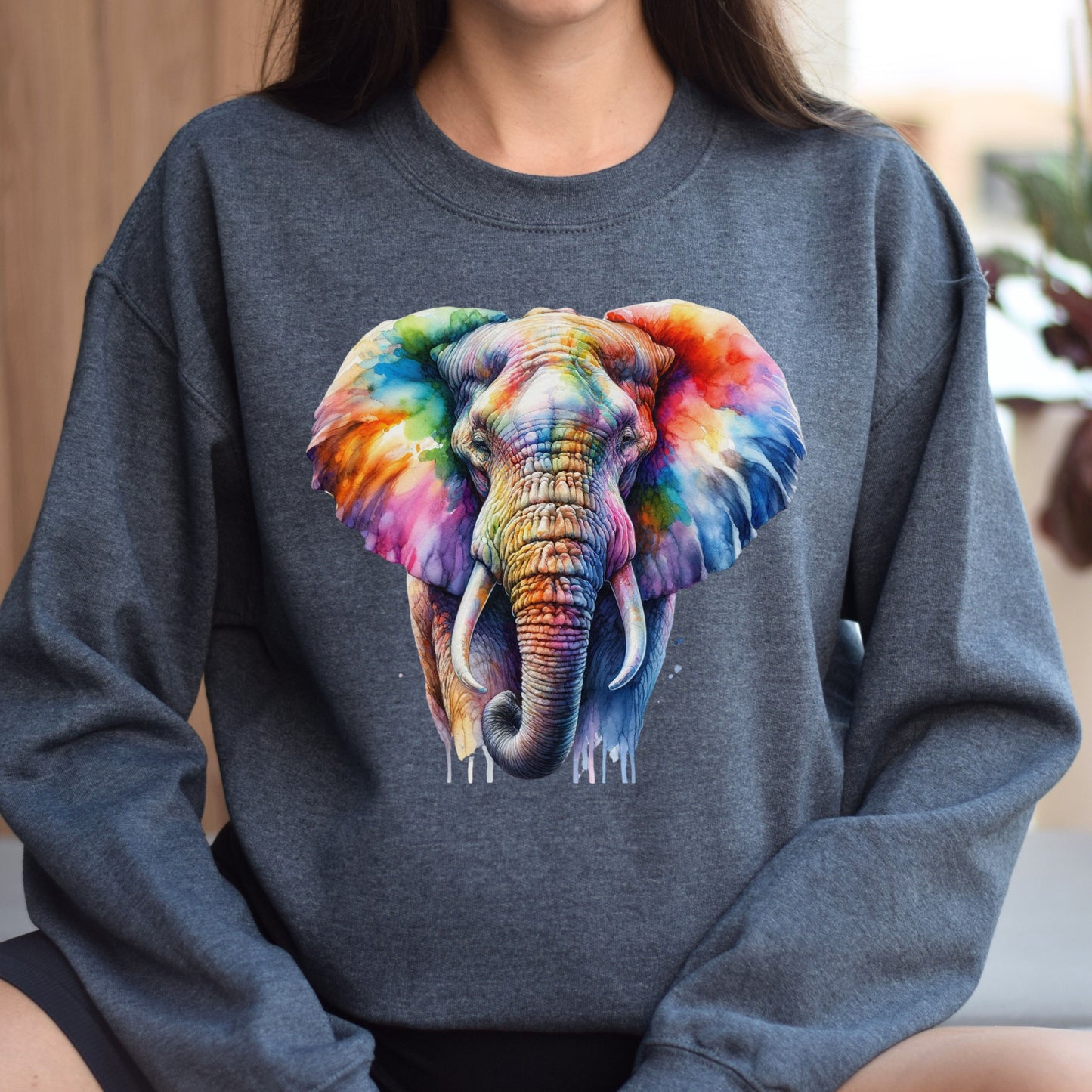 Artistic Elephant Color Splash Unisex Sweatshirt Black Navy Dark Heather-Family-Gift-Planet