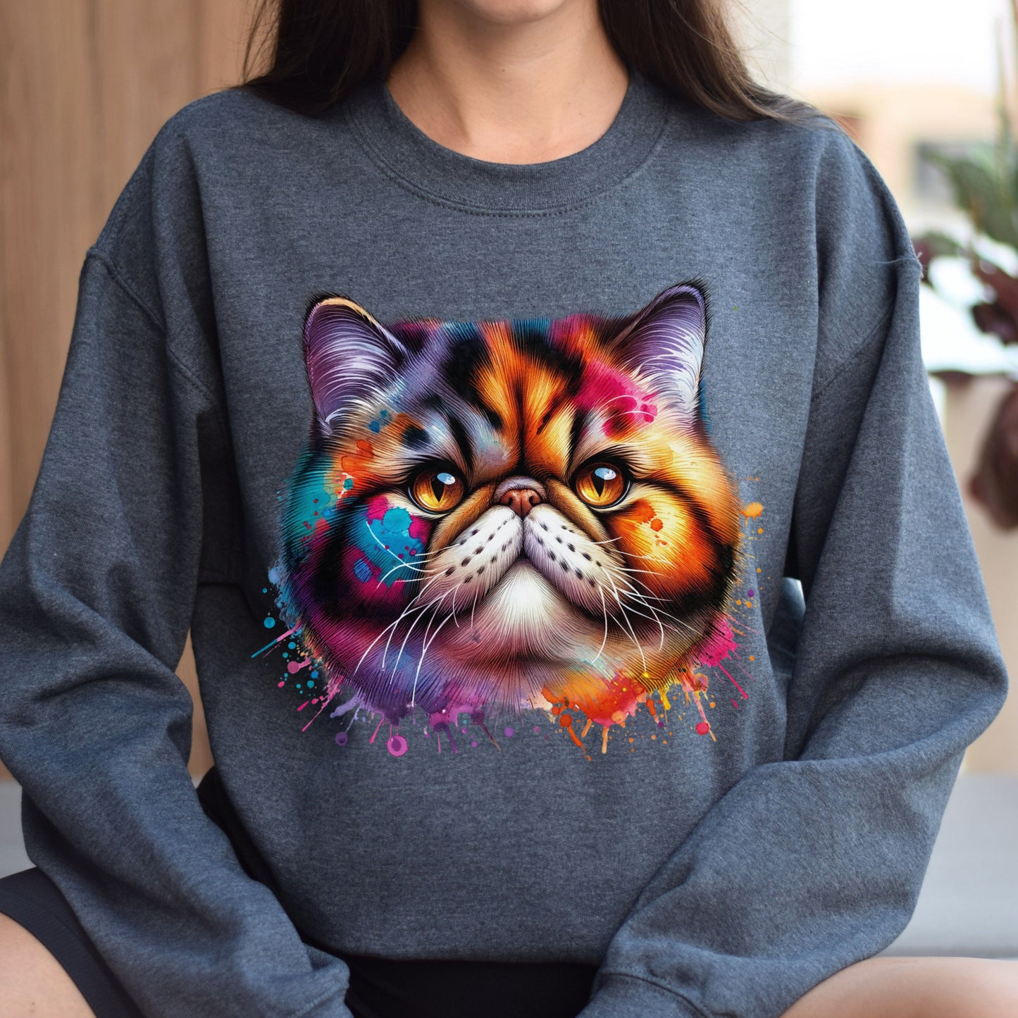 Exotic Shorthair Cat Color Splash Unisex Sweatshirt Black Navy Dark Heather-Dark Heather-Family-Gift-Planet