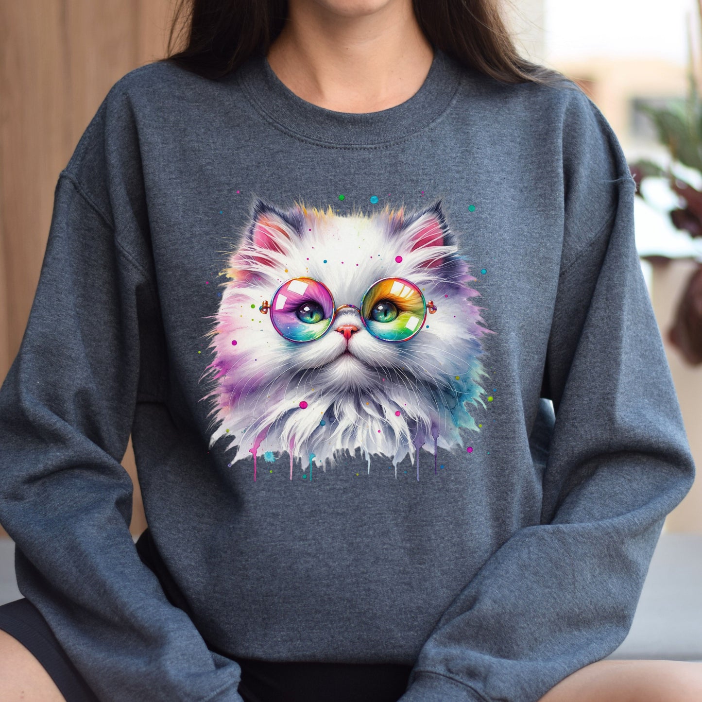 Fluffy kitten with glasses Color Splash Unisex Sweatshirt Black Navy Dark Heather-Dark Heather-Family-Gift-Planet