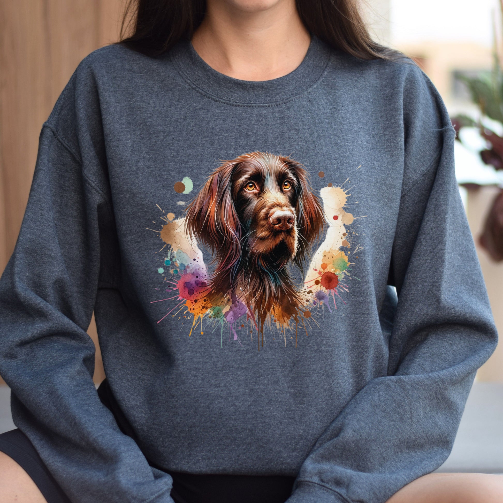 Artistic German Longhaired Pointer Color Splash Unisex Sweatshirt Black Navy Dark Heather-Family-Gift-Planet