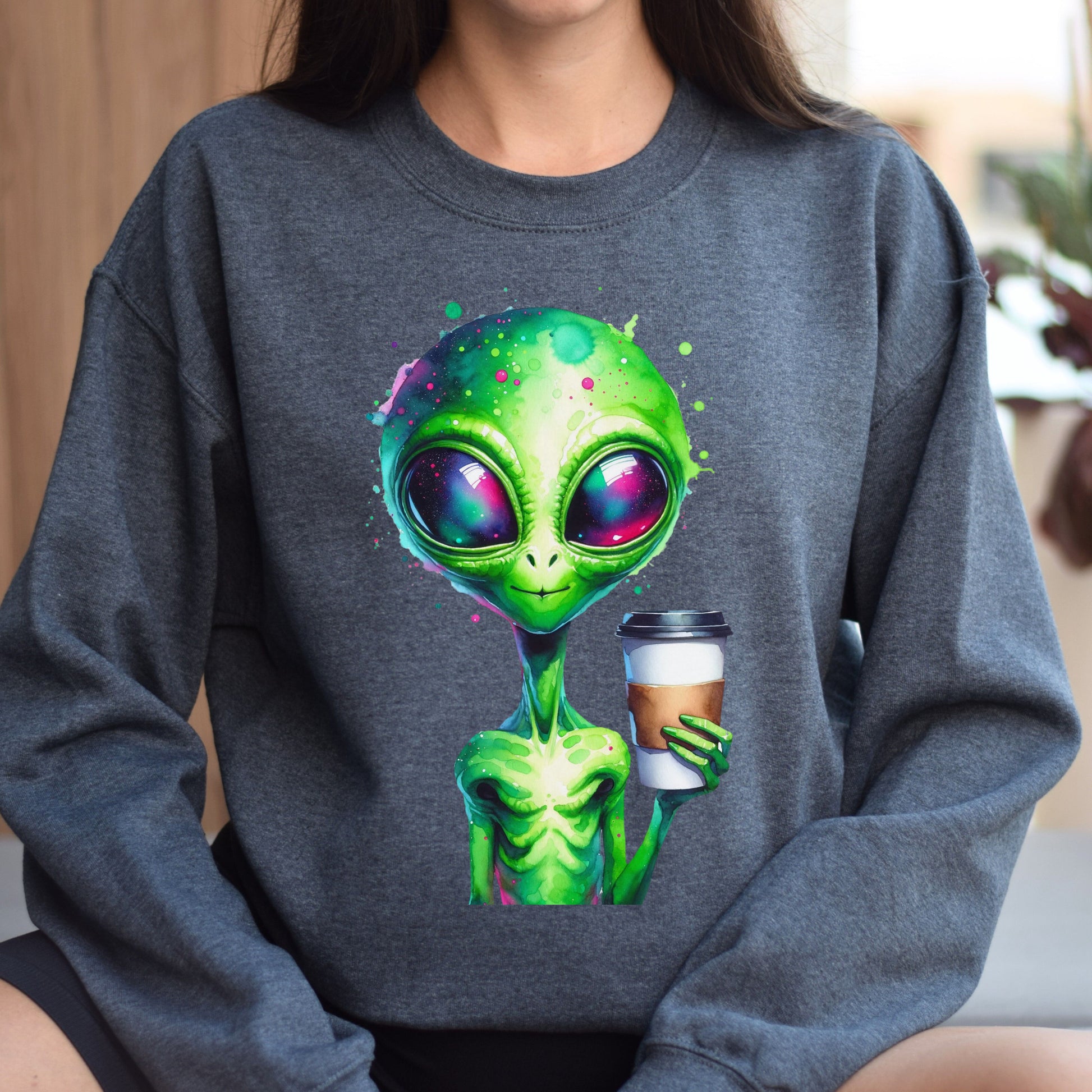 Green alien with tall coffee Color Splash Unisex Sweatshirt Black Navy Dark Heather-Dark Heather-Family-Gift-Planet