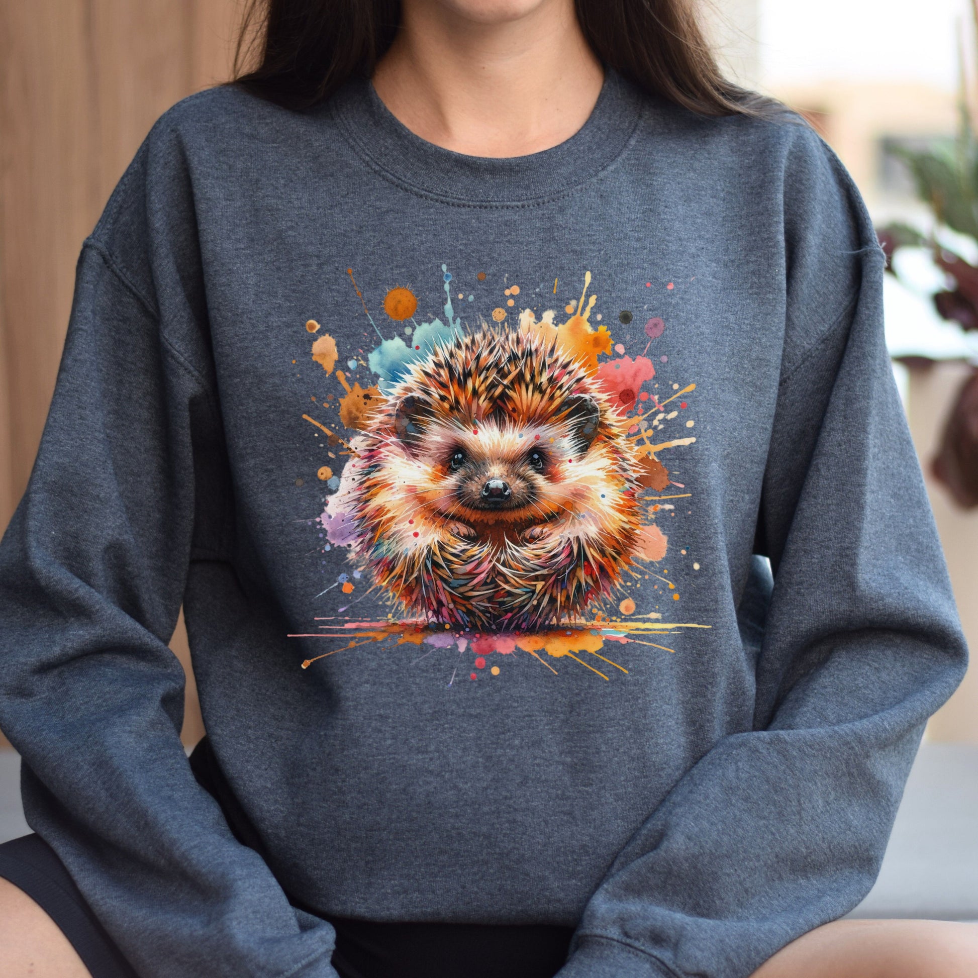 Artistic Hedgehog Color Splash Unisex Sweatshirt Black Navy Dark Heather-Dark Heather-Family-Gift-Planet