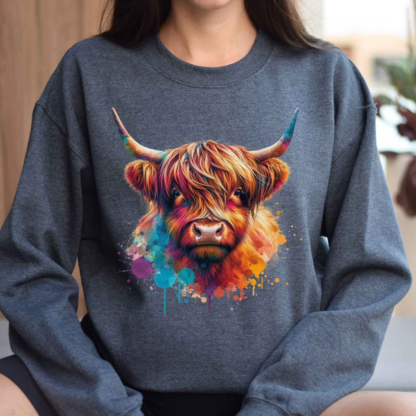 Highland cow Color Splash Unisex Sweatshirt Black Navy Dark Heather-Dark Heather-Family-Gift-Planet