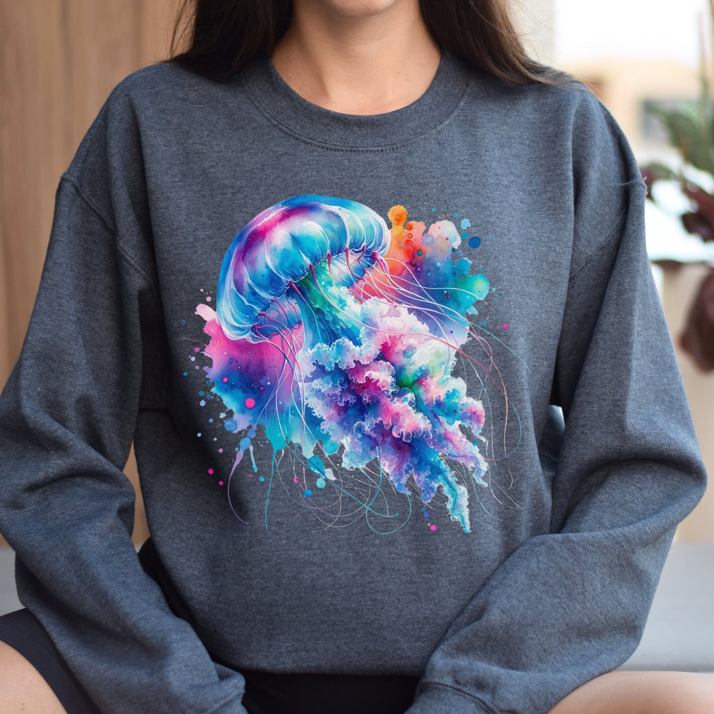 Jellyfish Color Splash Unisex Sweatshirt Black Navy Dark Heather-Dark Heather-Family-Gift-Planet