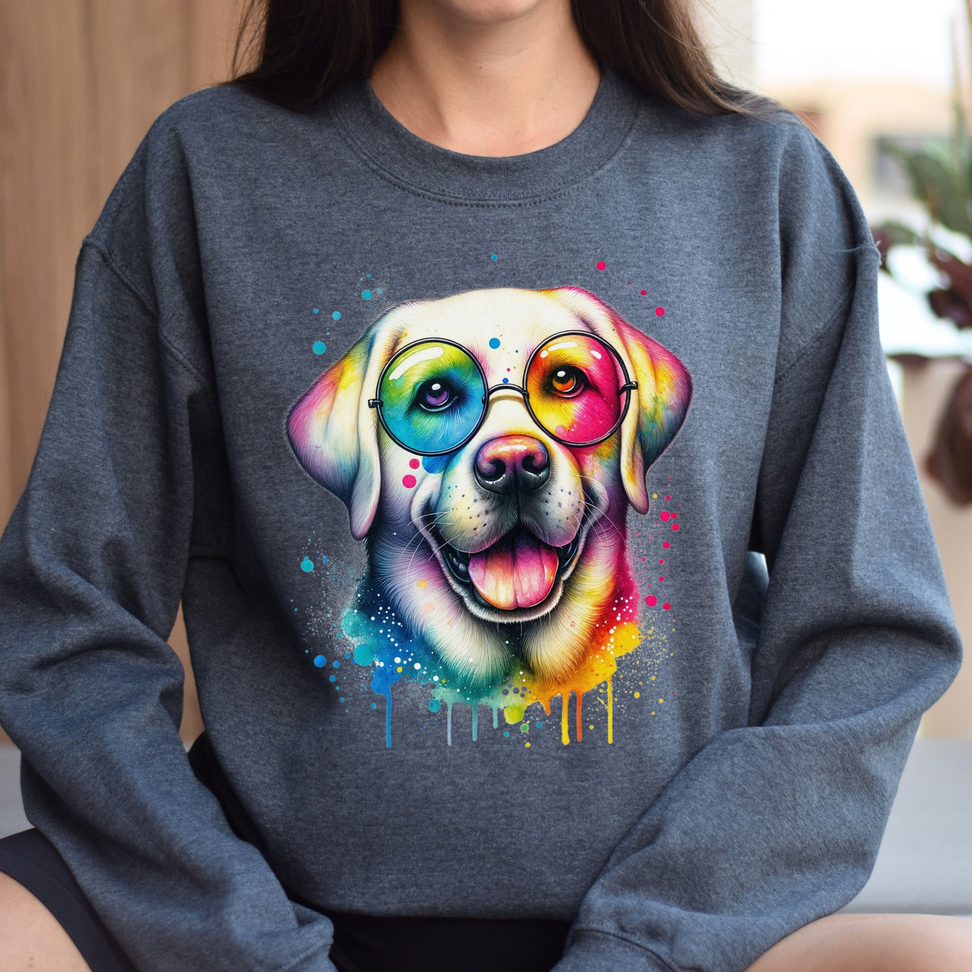 Labrador with eyeglasses Color Splash Unisex Sweatshirt Black Navy Dark Heather-Dark Heather-Family-Gift-Planet