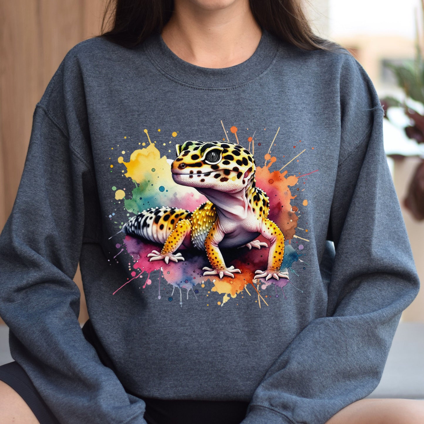 Leopard Gecko Color Splash Unisex Sweatshirt Black Navy Dark Heather-Dark Heather-Family-Gift-Planet