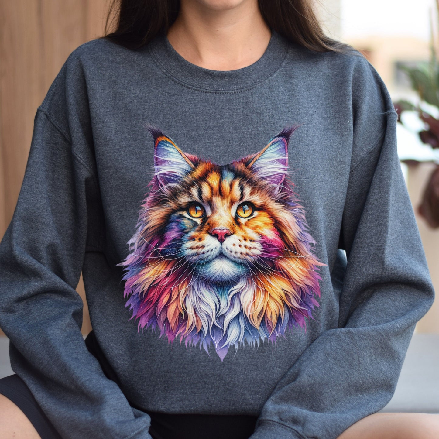 Maine Coon Cat Color Splash Unisex Sweatshirt Black Navy Dark Heather-Dark Heather-Family-Gift-Planet