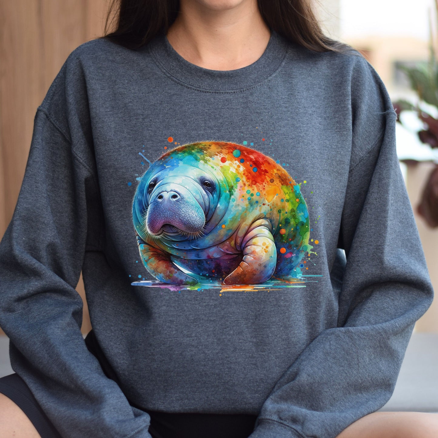 Artistic Manatee Color Splash Unisex Sweatshirt Black Navy Dark Heather-Dark Heather-Family-Gift-Planet