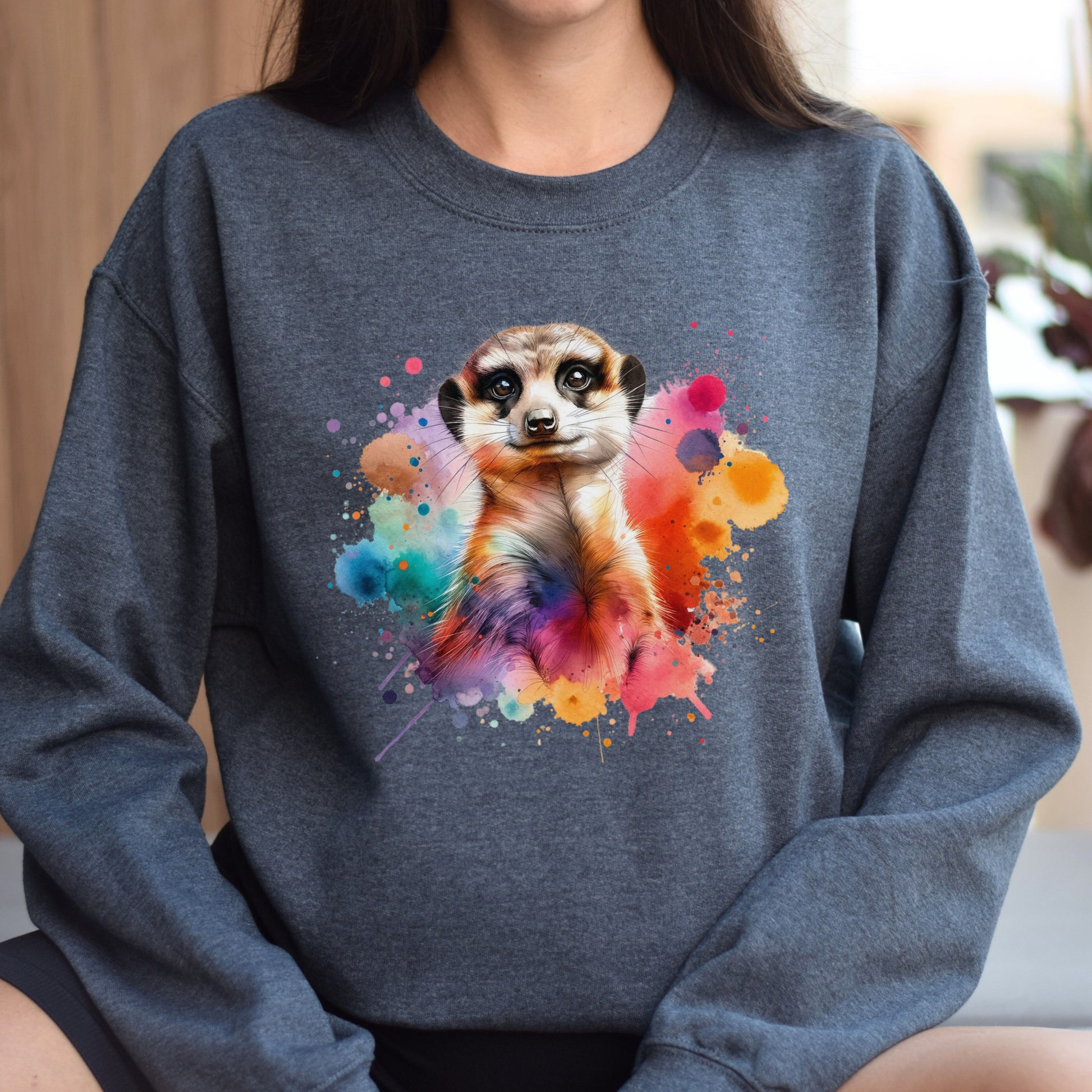 Artistic Meerkat Color Splash Unisex Sweatshirt Black Navy Dark Heather-Dark Heather-Family-Gift-Planet