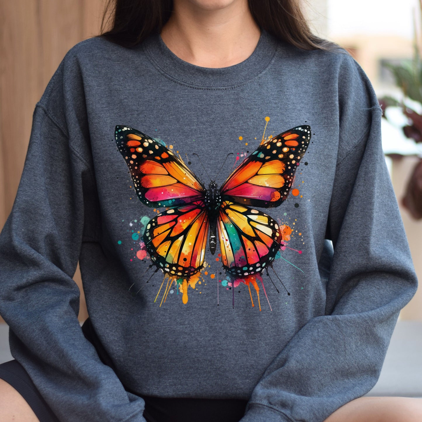 Monarch Butterfly Color Splash Unisex Sweatshirt Black Navy Dark Heather-Dark Heather-Family-Gift-Planet