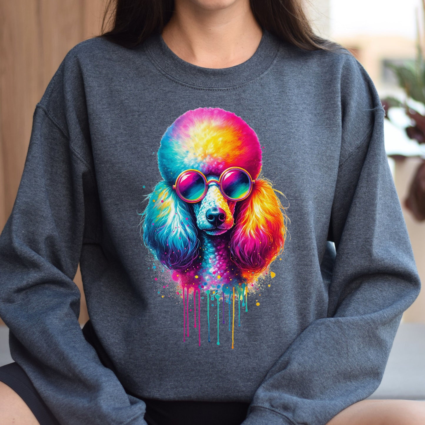 Neon Poodle Color Splash Unisex Sweatshirt Black Navy Dark Heather-Dark Heather-Family-Gift-Planet