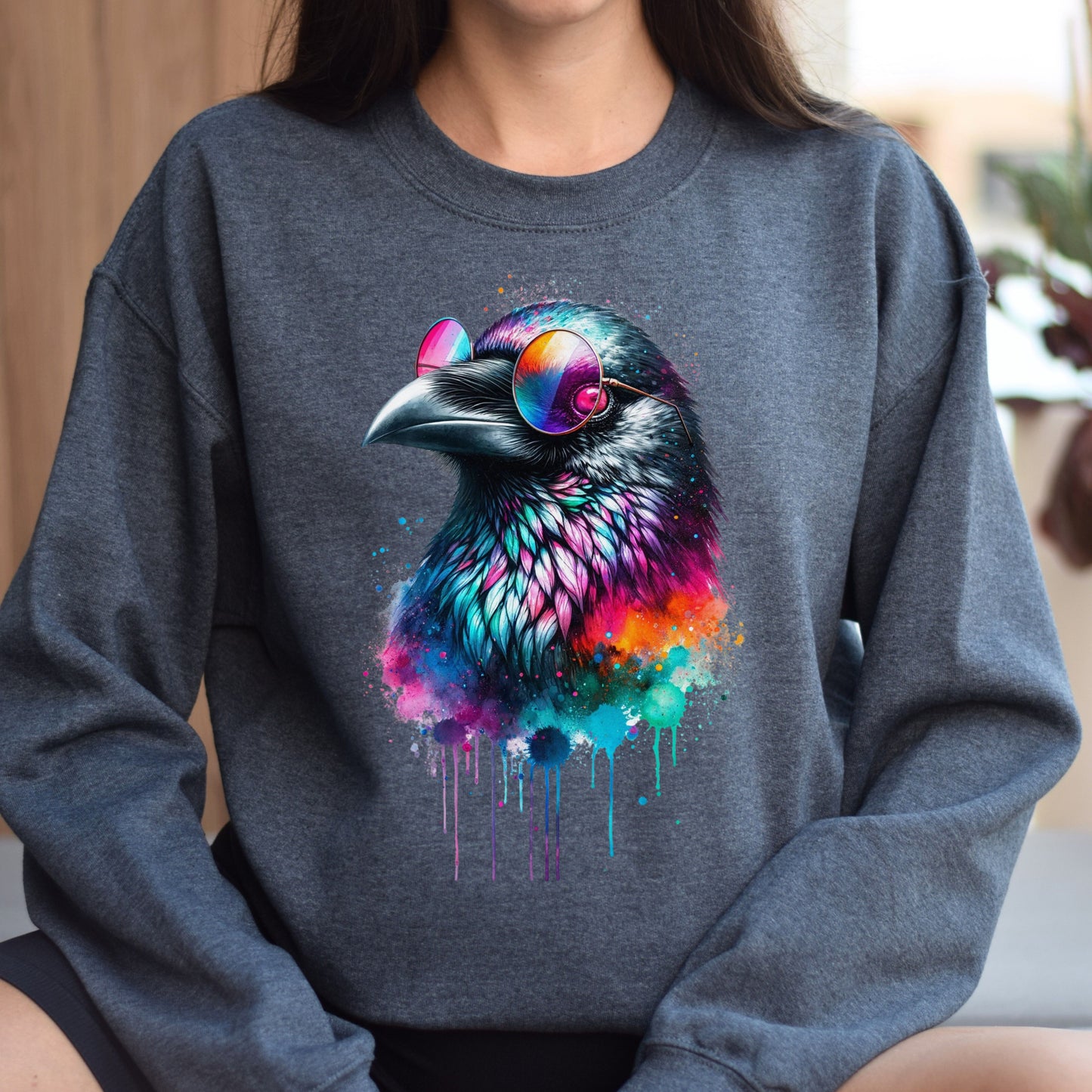 Neon Raven Color Splash Unisex Sweatshirt Black Navy Dark Heather-Dark Heather-Family-Gift-Planet