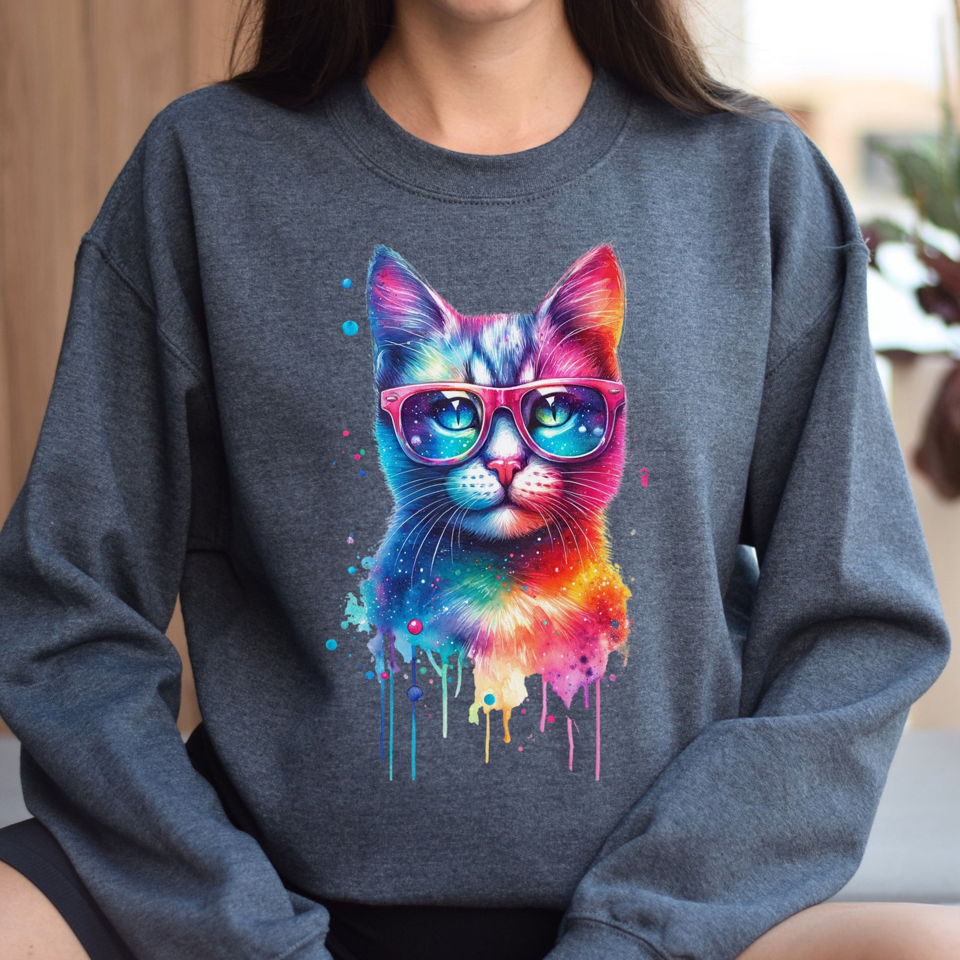 Neon cool cat Color Splash Unisex Sweatshirt Black Navy Dark Heather-Dark Heather-Family-Gift-Planet