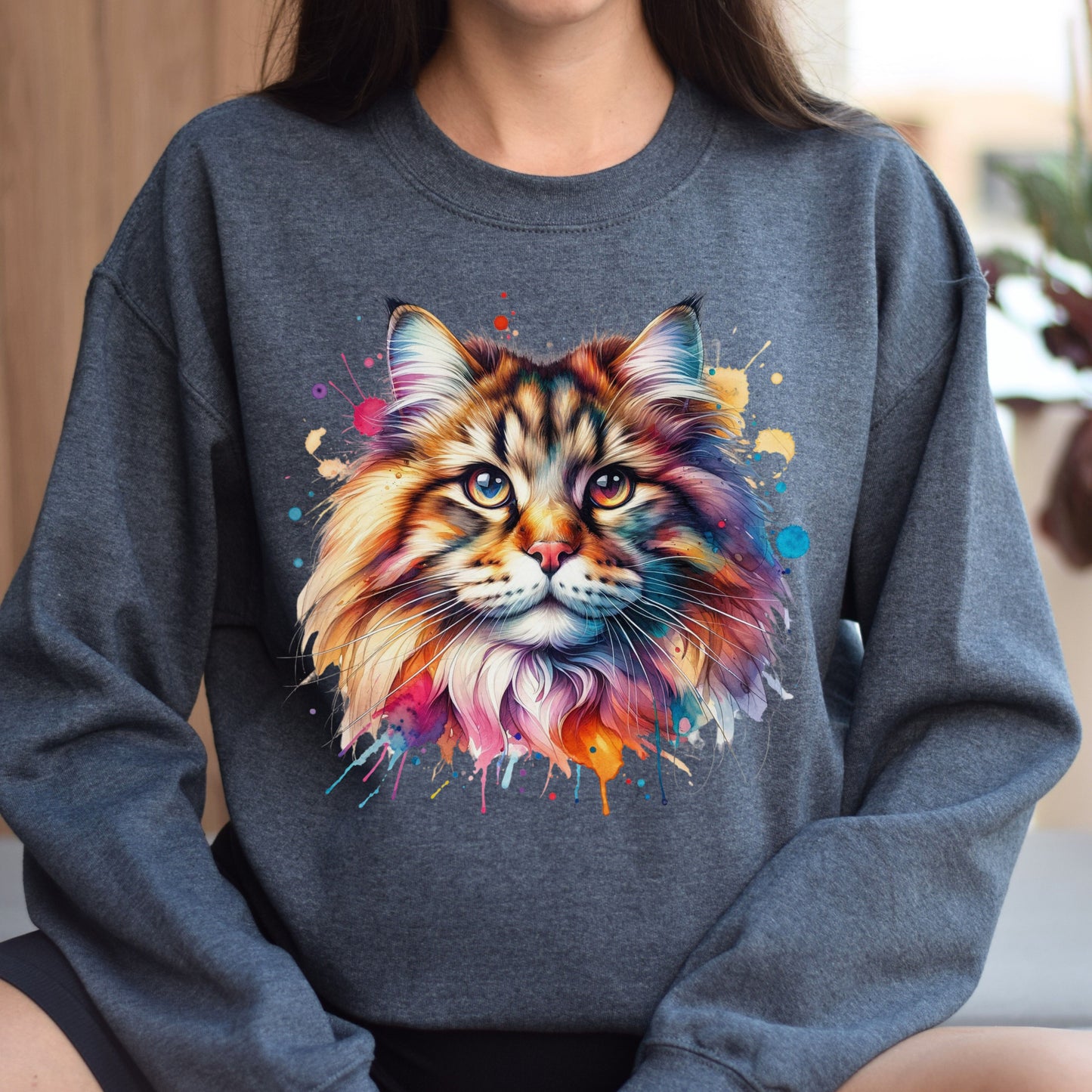 Norvegian Forest Cat Color Splash Unisex Sweatshirt Black Navy Dark Heather-Dark Heather-Family-Gift-Planet