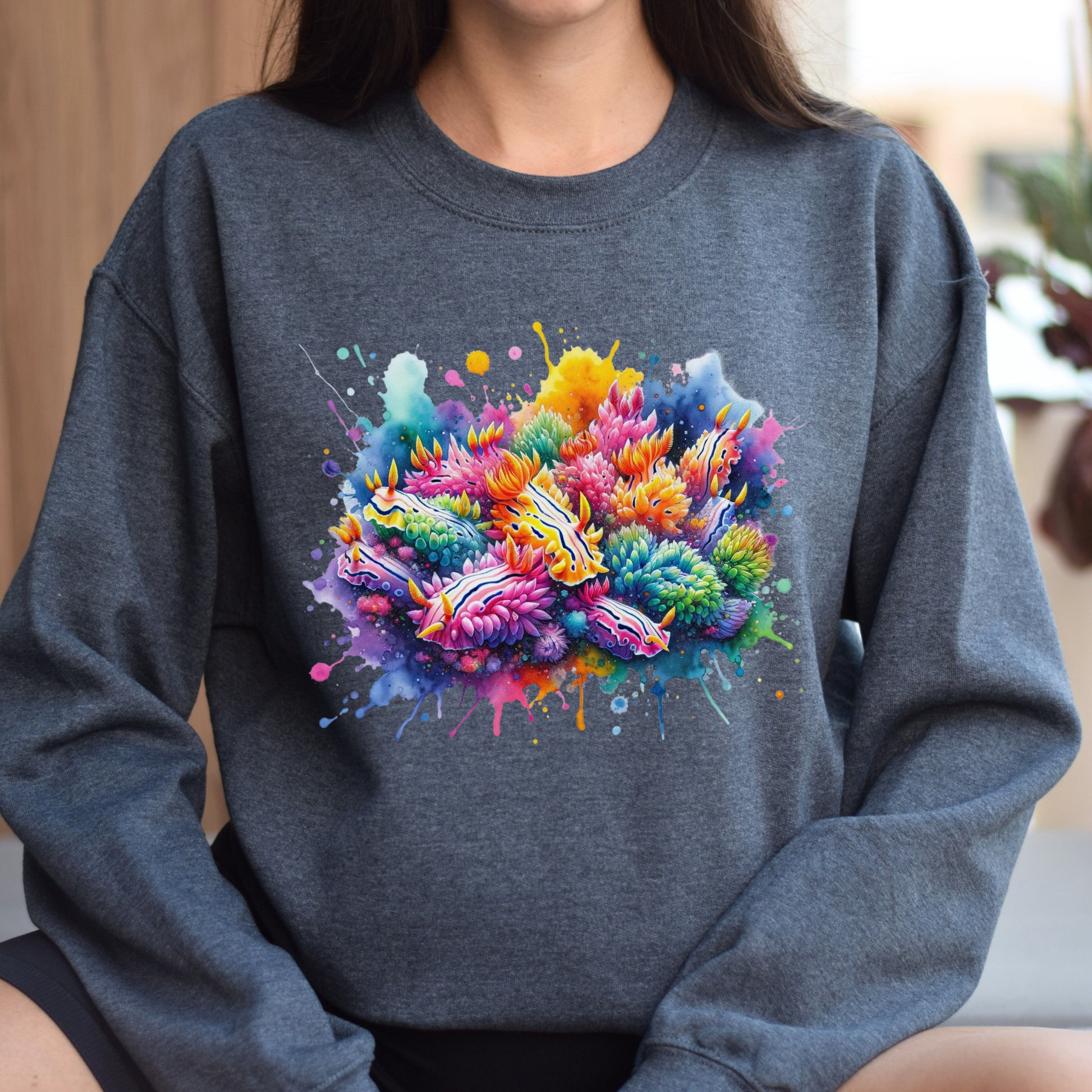 Nudibranchs Color Splash Unisex Sweatshirt Marine mollusks Black Navy Dark Heather-Dark Heather-Family-Gift-Planet