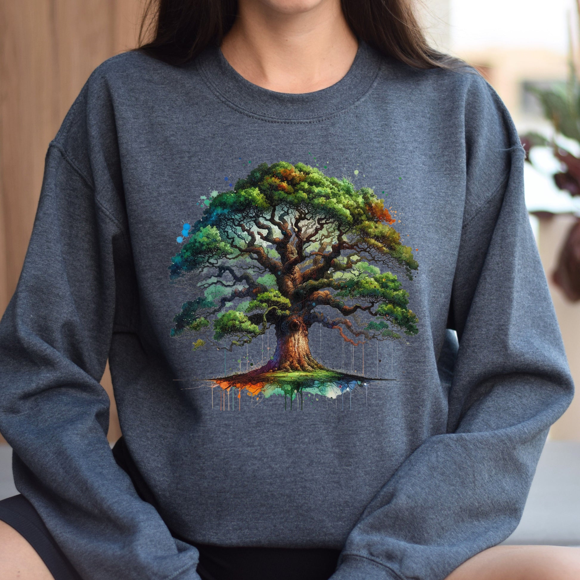 Artistic Oak Tree Color Splash Unisex Sweatshirt Black Navy Dark Heather-Dark Heather-Family-Gift-Planet