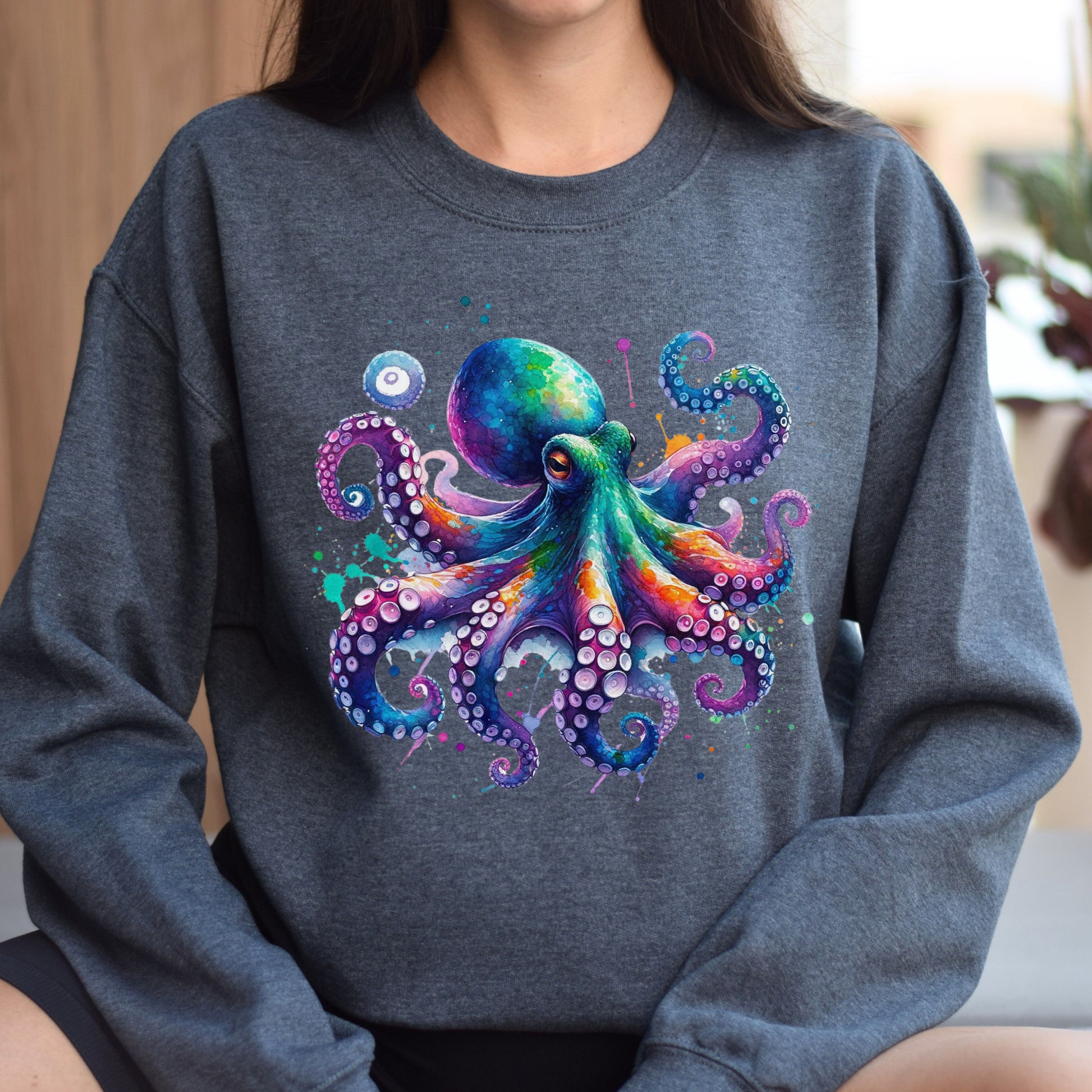 Octopus Color Splash Unisex Sweatshirt Black Navy Dark Heather-Dark Heather-Family-Gift-Planet