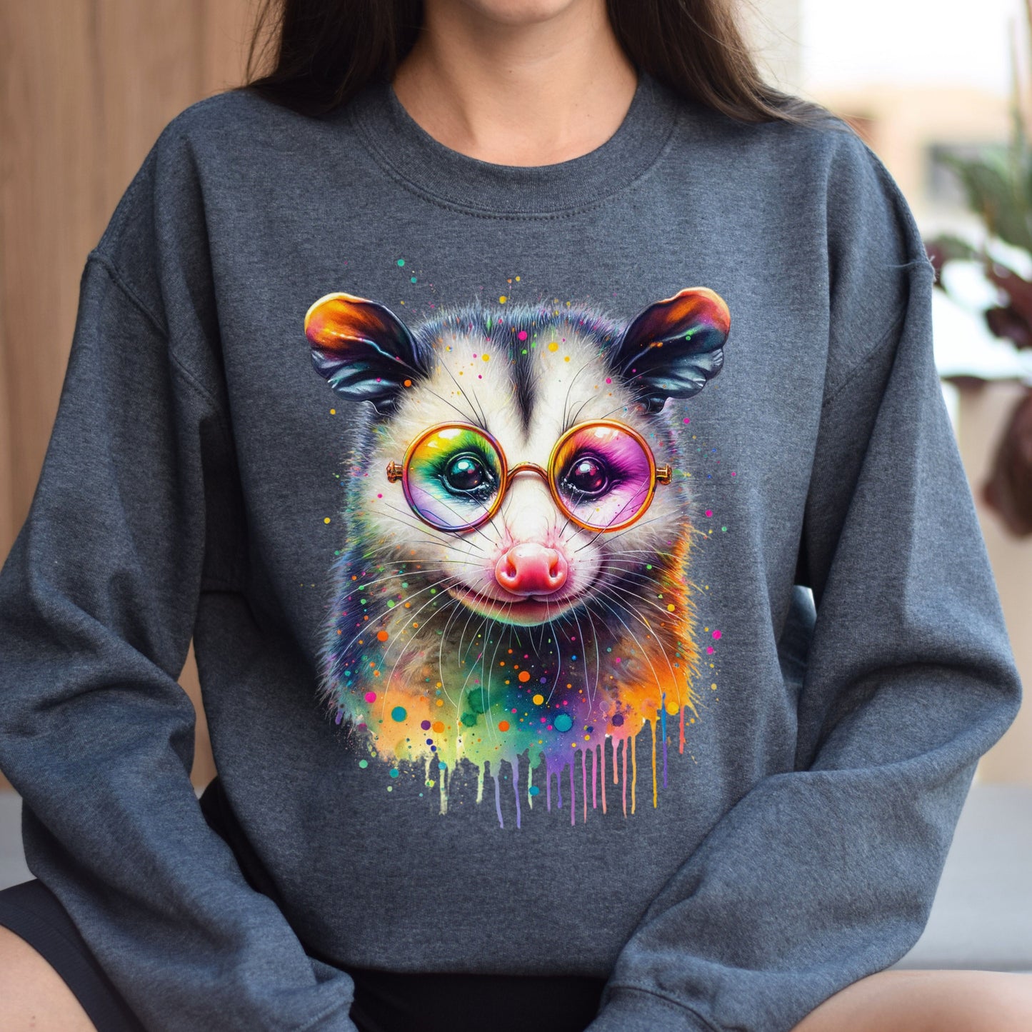 Opossum with glasses Color Splash Unisex Sweatshirt Black Navy Dark Heather-Family-Gift-Planet