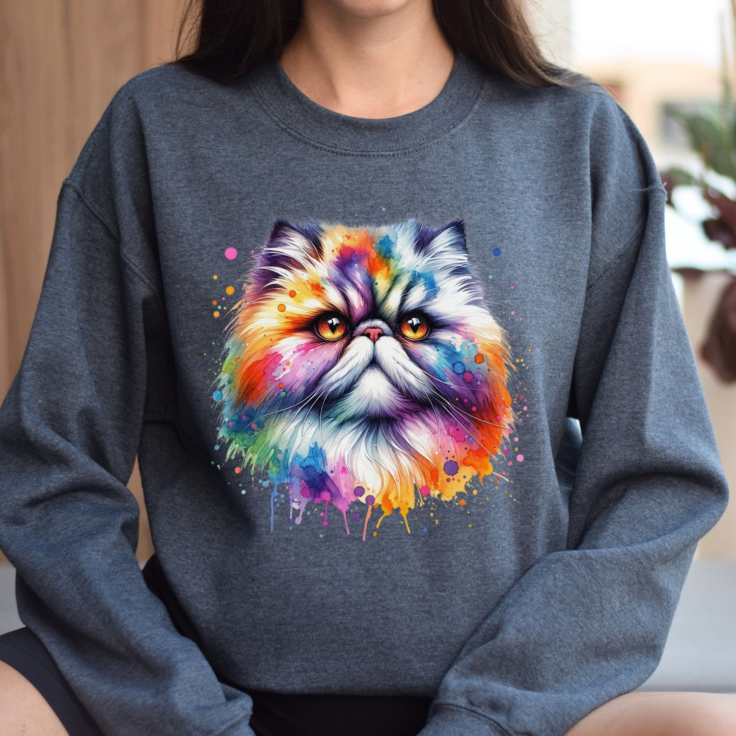 Persian Cat Color Splash Unisex Sweatshirt Black Navy Dark Heather-Dark Heather-Family-Gift-Planet
