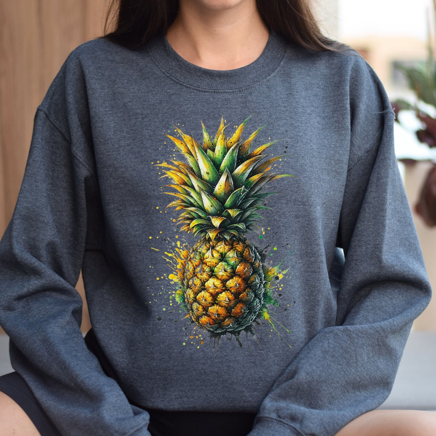 Artistic Pineapple Color Splash Unisex Sweatshirt Black Navy Dark Heather-Family-Gift-Planet