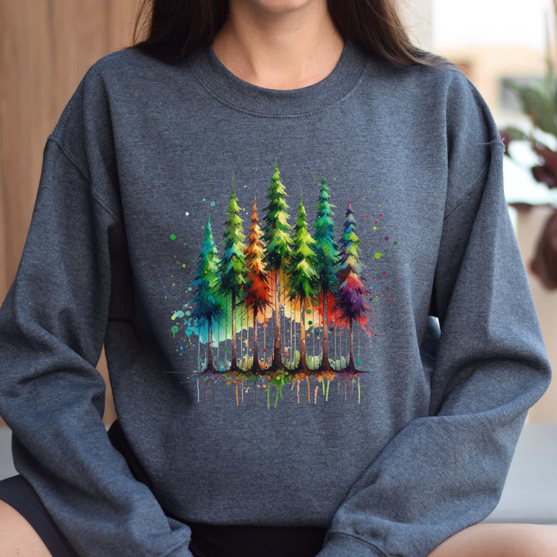 Mysterious Pine tree forest Color Splash Unisex Sweatshirt Black Navy Dark Heather-Dark Heather-Family-Gift-Planet