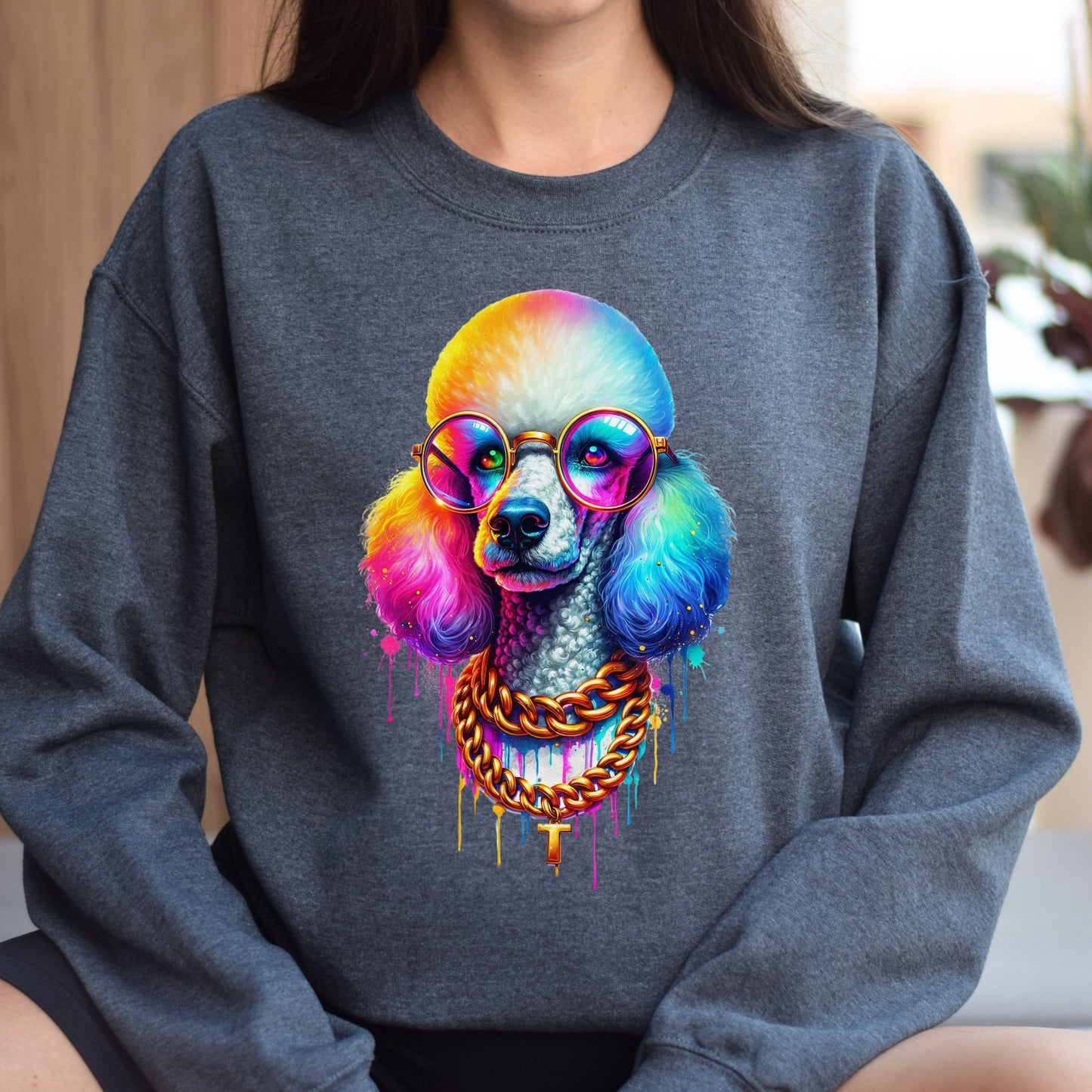 Poodle with glasses hip style Color Splash Unisex Sweatshirt Black Navy Dark Heather-Family-Gift-Planet