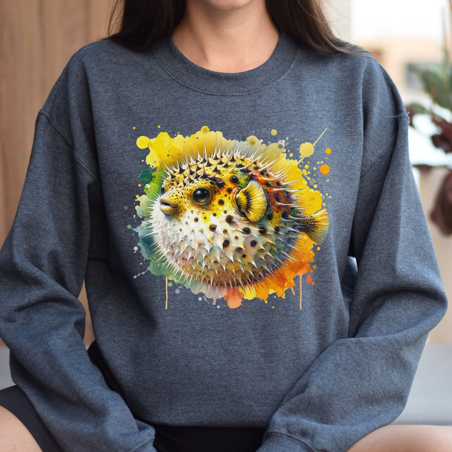 Vibrant Pufferfish Color Splash Unisex Sweatshirt Black Navy Dark Heather-Dark Heather-Family-Gift-Planet