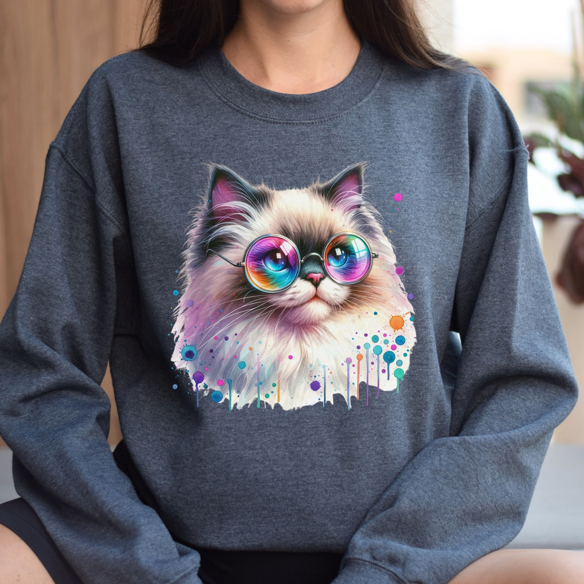 Ragdoll kitten with colorful glasses Color Splash Unisex Sweatshirt-Dark Heather-Family-Gift-Planet