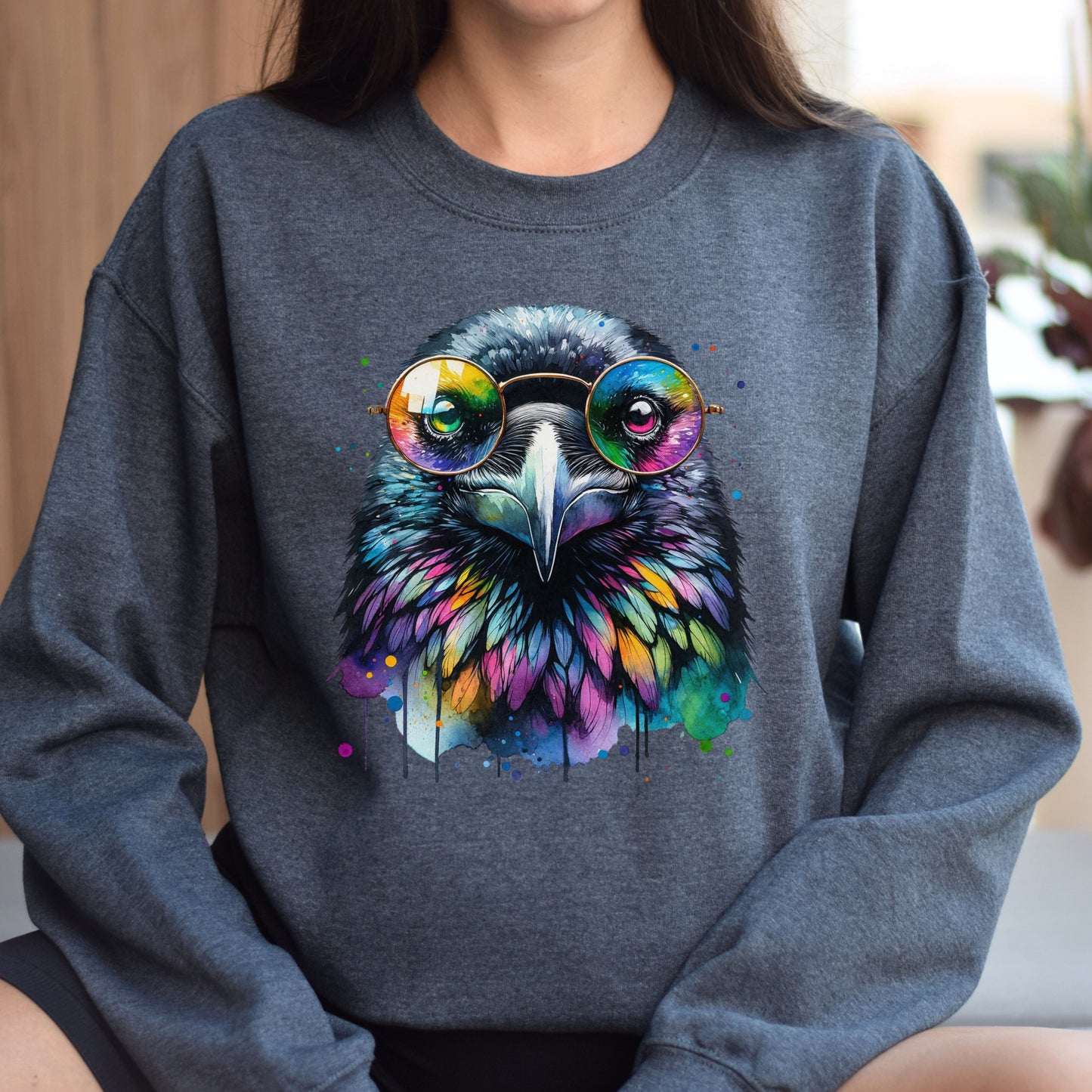 Raven with Glasses Color Splash Unisex Sweatshirt Black Navy Dark Heather-Dark Heather-Family-Gift-Planet