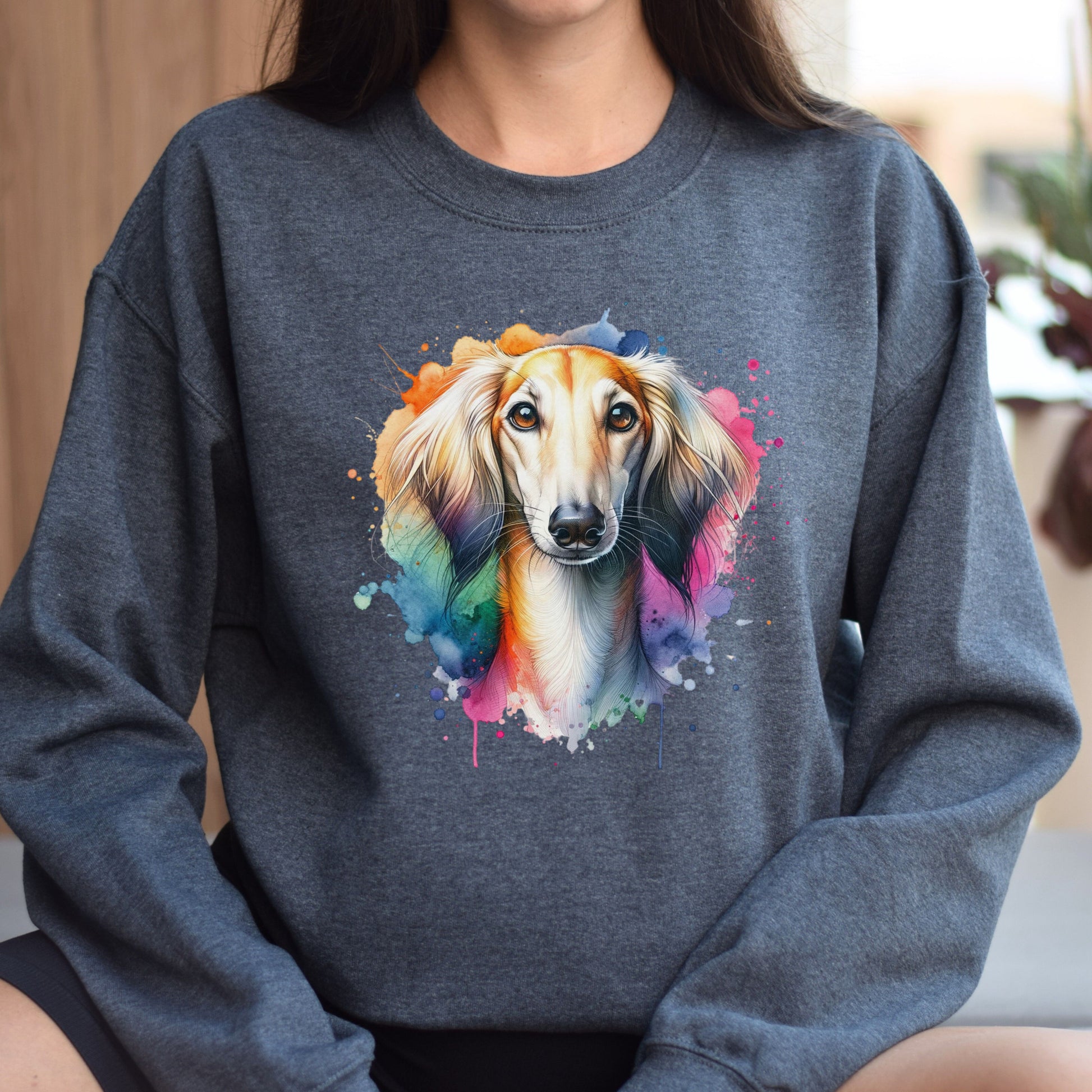 Saluki Dog mom Color Splash Unisex Sweatshirt Black Navy Dark Heather-Dark Heather-Family-Gift-Planet