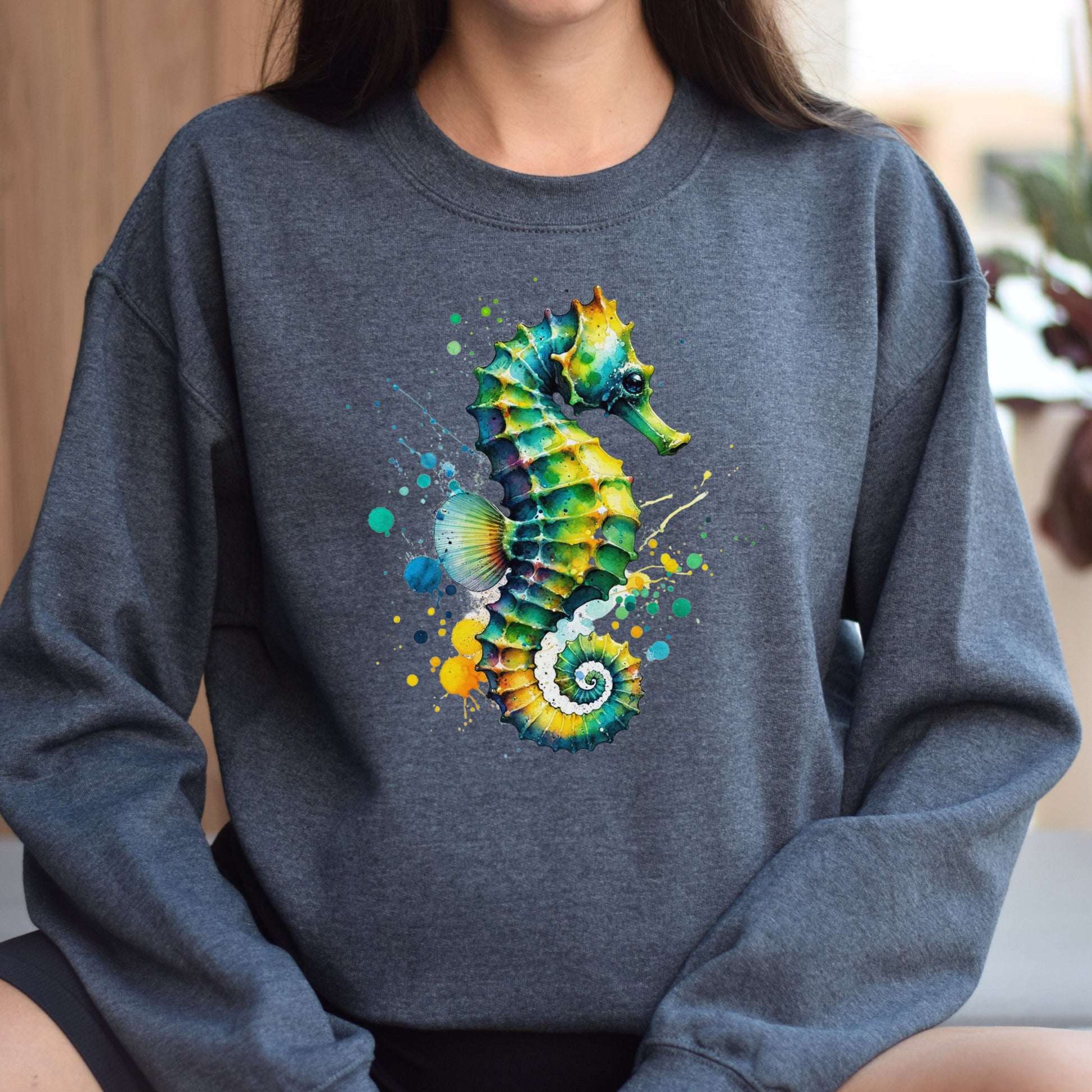 Artistic Seahorse Color Splash Unisex Sweatshirt Black Navy Dark Heather-Dark Heather-Family-Gift-Planet