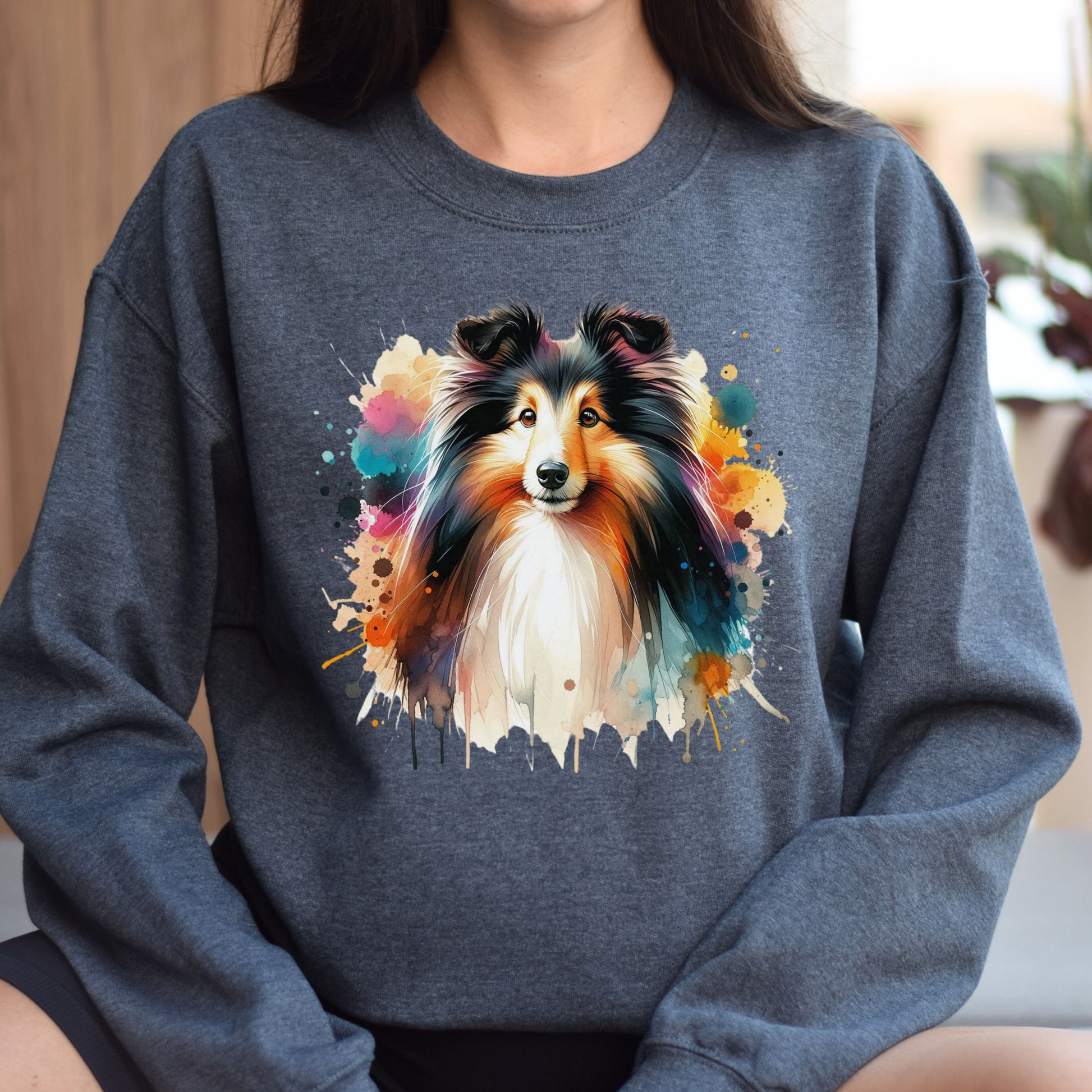 Shetland Sheepdog dog mom Color Splash Unisex Sweatshirt Black Navy Dark Heather-Dark Heather-Family-Gift-Planet