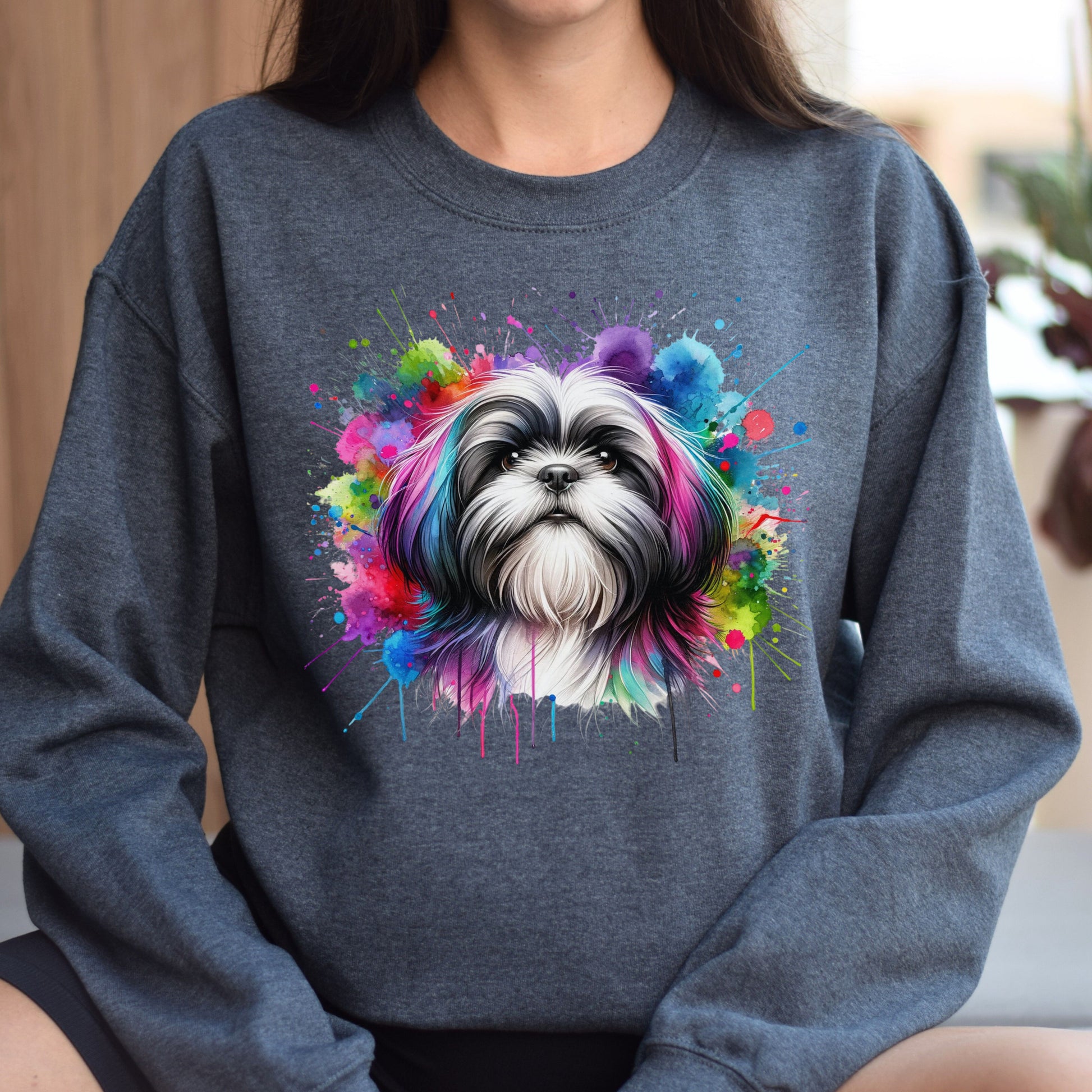 Artistic Shih Tzu mama Color Splash Unisex Sweatshirt Black Navy Dark Heather-Dark Heather-Family-Gift-Planet