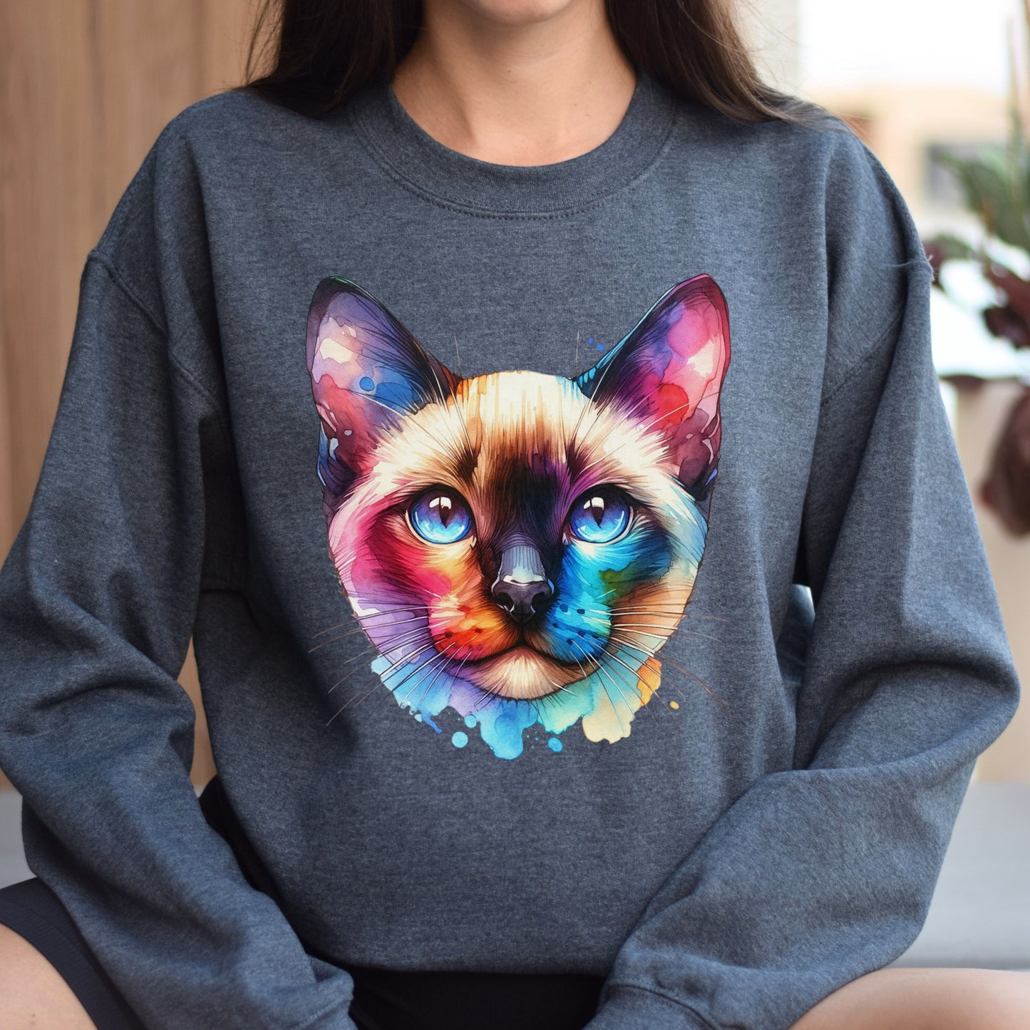 Siamese Cat Color Splash Unisex Sweatshirt Black Navy Dark Heather-Dark Heather-Family-Gift-Planet