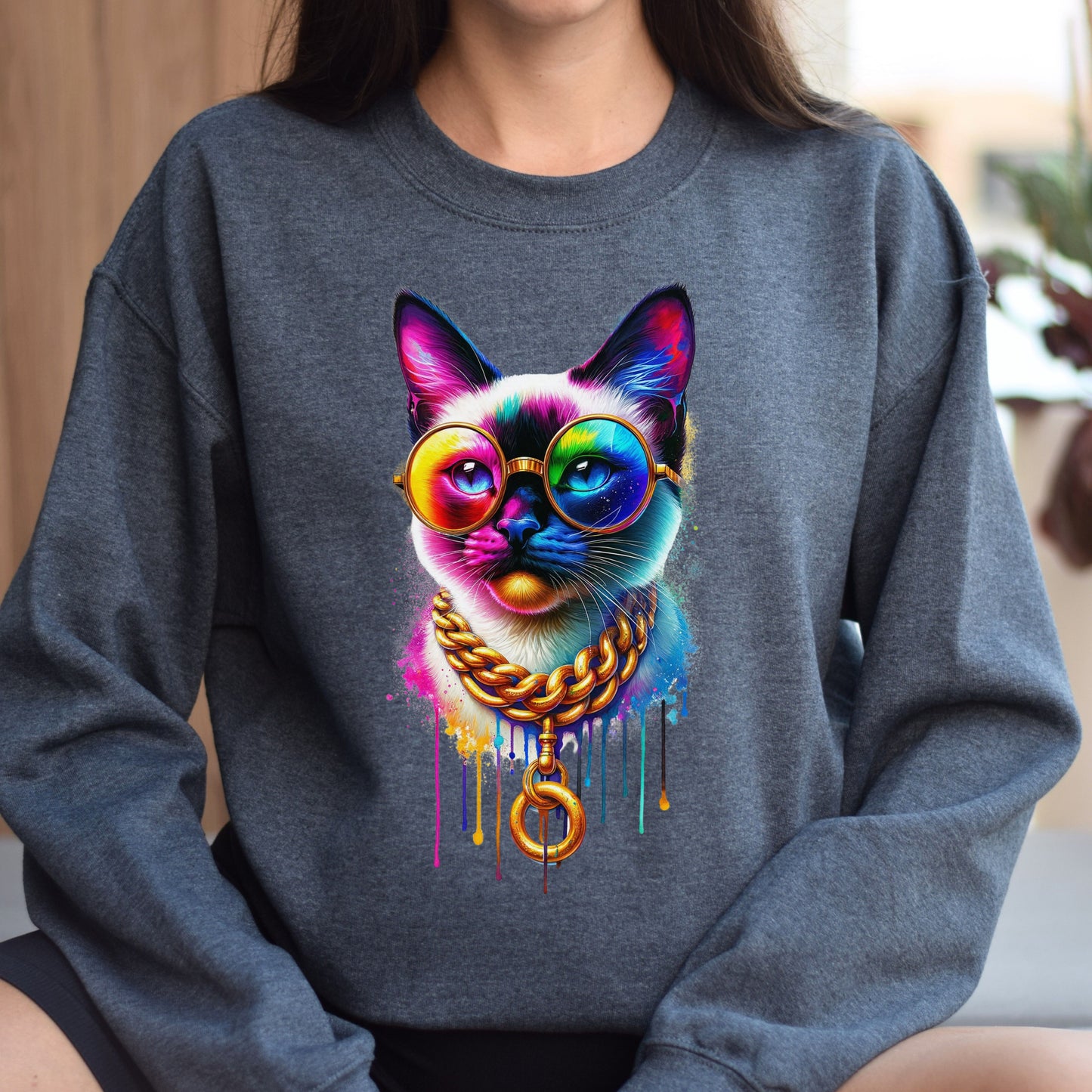 Siamese cat in hip style Color Splash Unisex Sweatshirt Black Navy Dark Heather-Dark Heather-Family-Gift-Planet