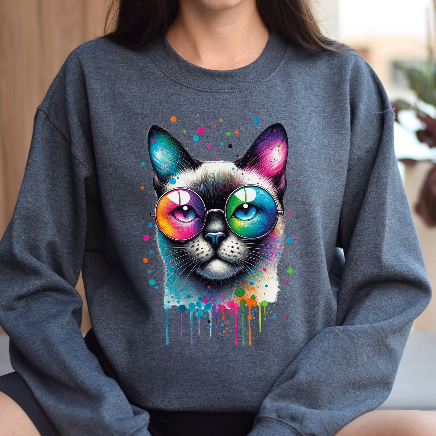 Siamese cat with eyeglasses Color Splash Unisex Sweatshirt-Dark Heather-Family-Gift-Planet