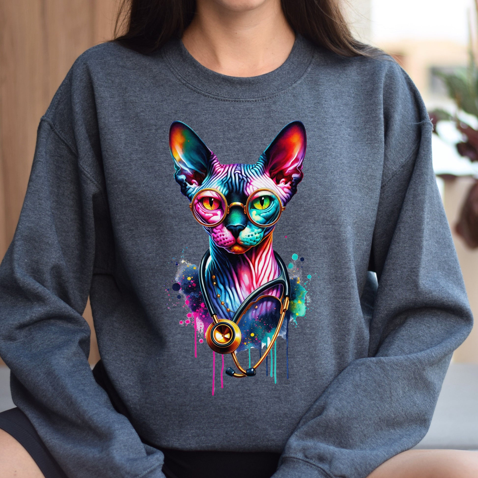 Sphynx cat nurse doctor Color Splash Unisex Sweatshirt Black Navy Dark Heather-Dark Heather-Family-Gift-Planet