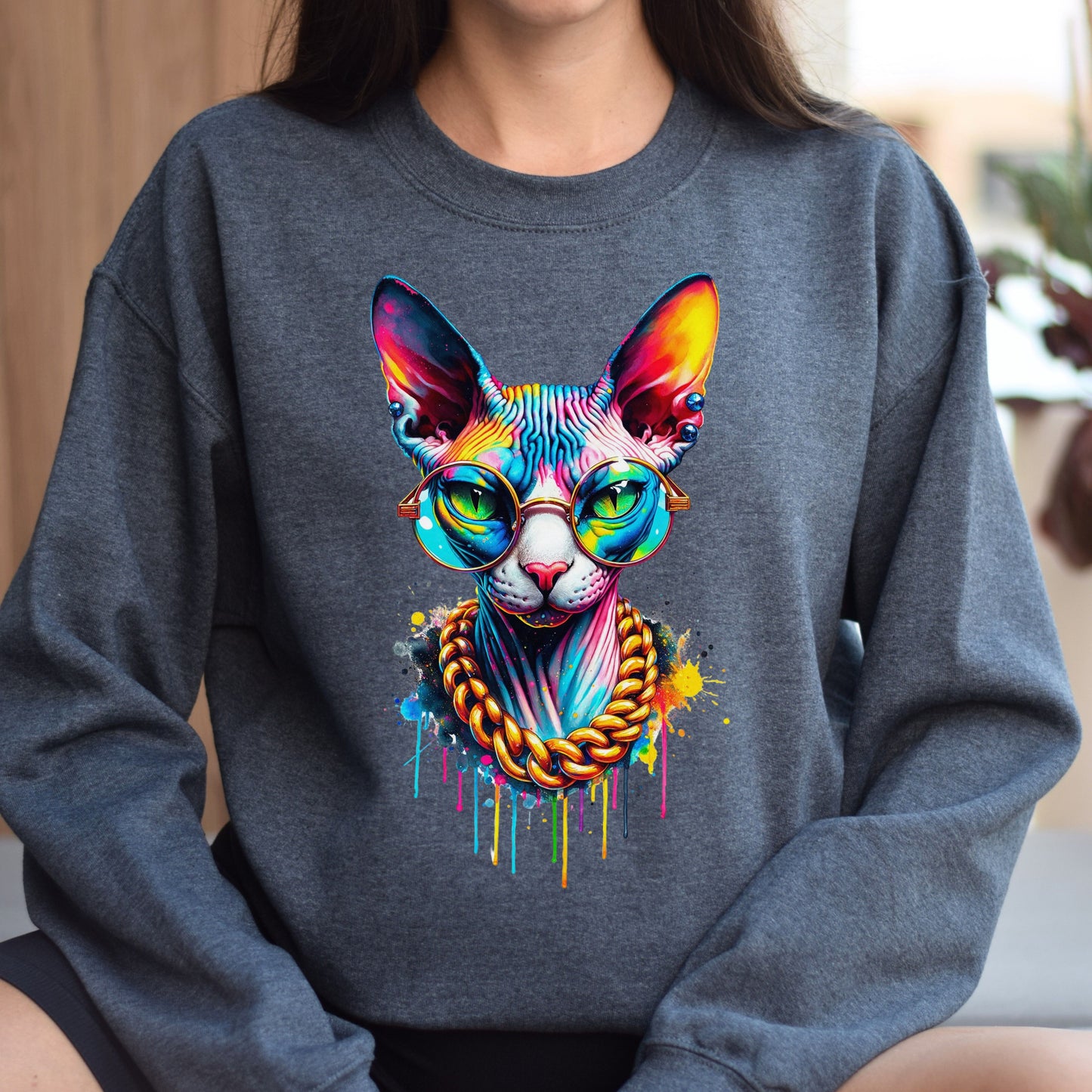 Sphynx hip style Color Splash Unisex Sweatshirt Black Navy Dark Heather-Family-Gift-Planet