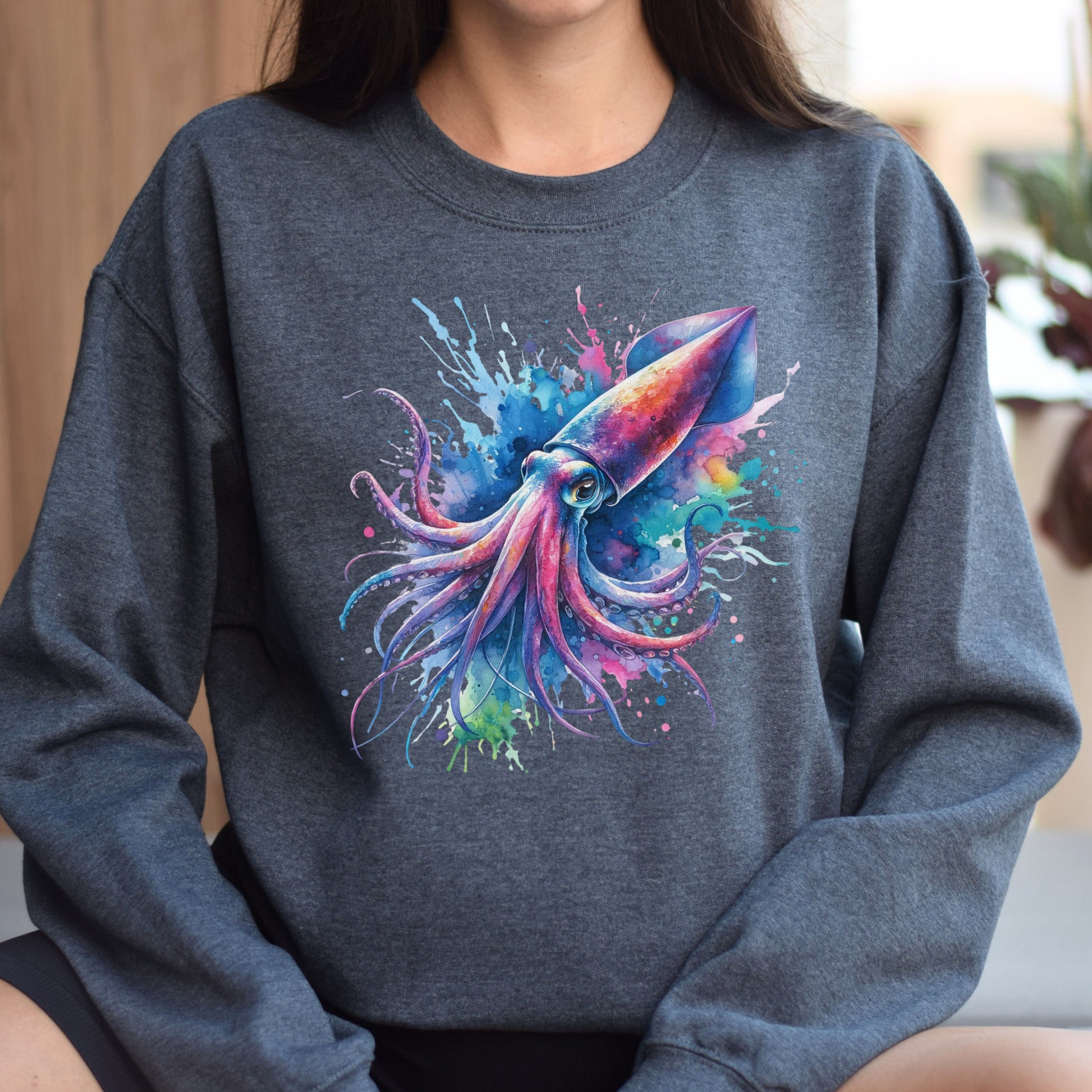 Artistic Squid Color Splash Unisex Sweatshirt Black Navy Dark Heather-Dark Heather-Family-Gift-Planet