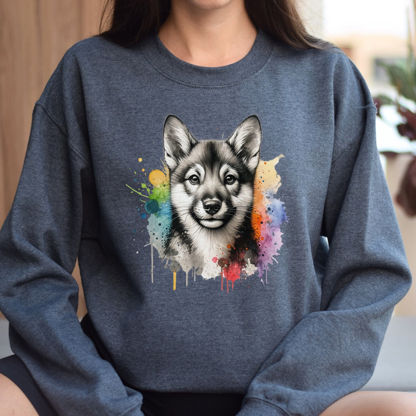 Swedish Vallhund dog mom Color Splash Unisex Sweatshirt Black Navy Dark Heather-Dark Heather-Family-Gift-Planet