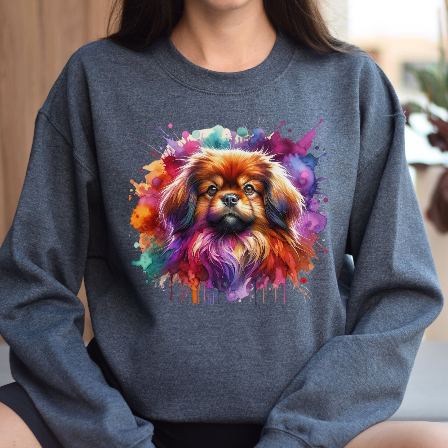 Tibetan Spaniel dog mom Color Splash Unisex Sweatshirt Black Navy Dark Heather-Dark Heather-Family-Gift-Planet