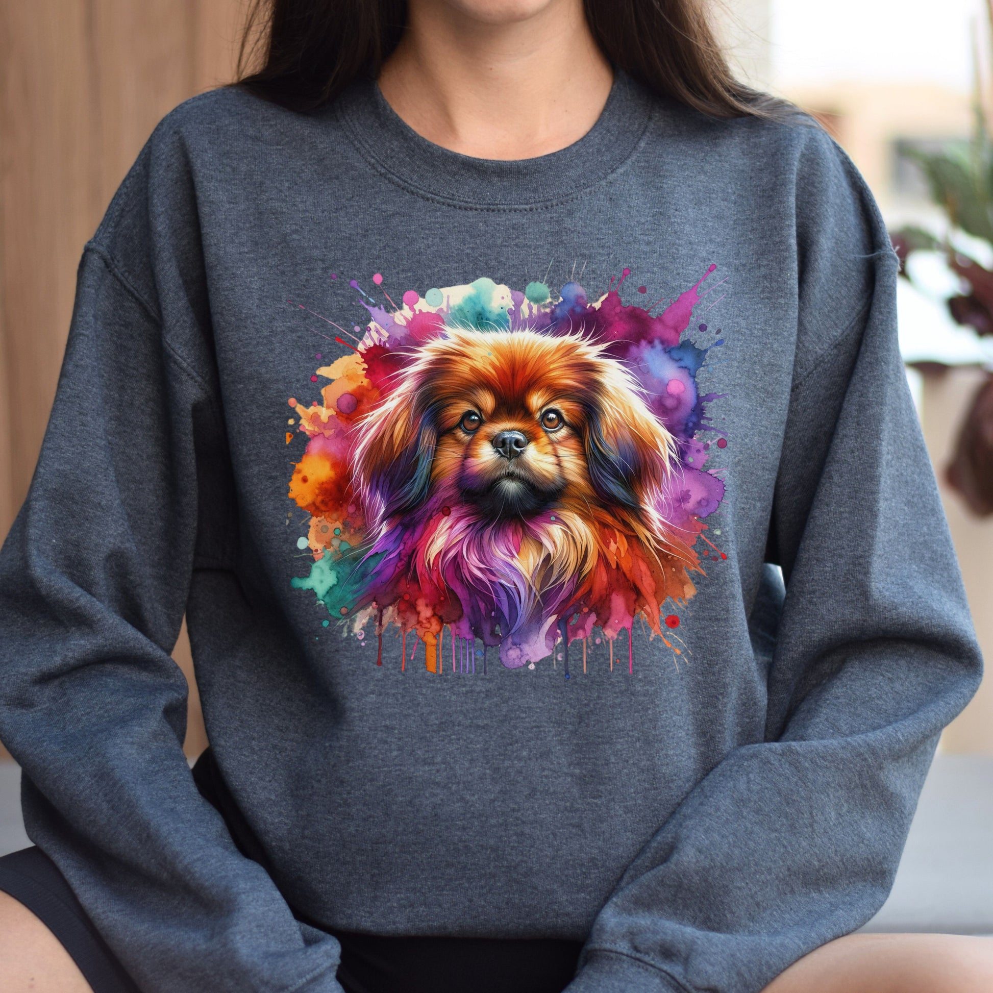 Tibetan Spaniel dog mom Color Splash Unisex Sweatshirt Black Navy Dark Heather-Dark Heather-Family-Gift-Planet