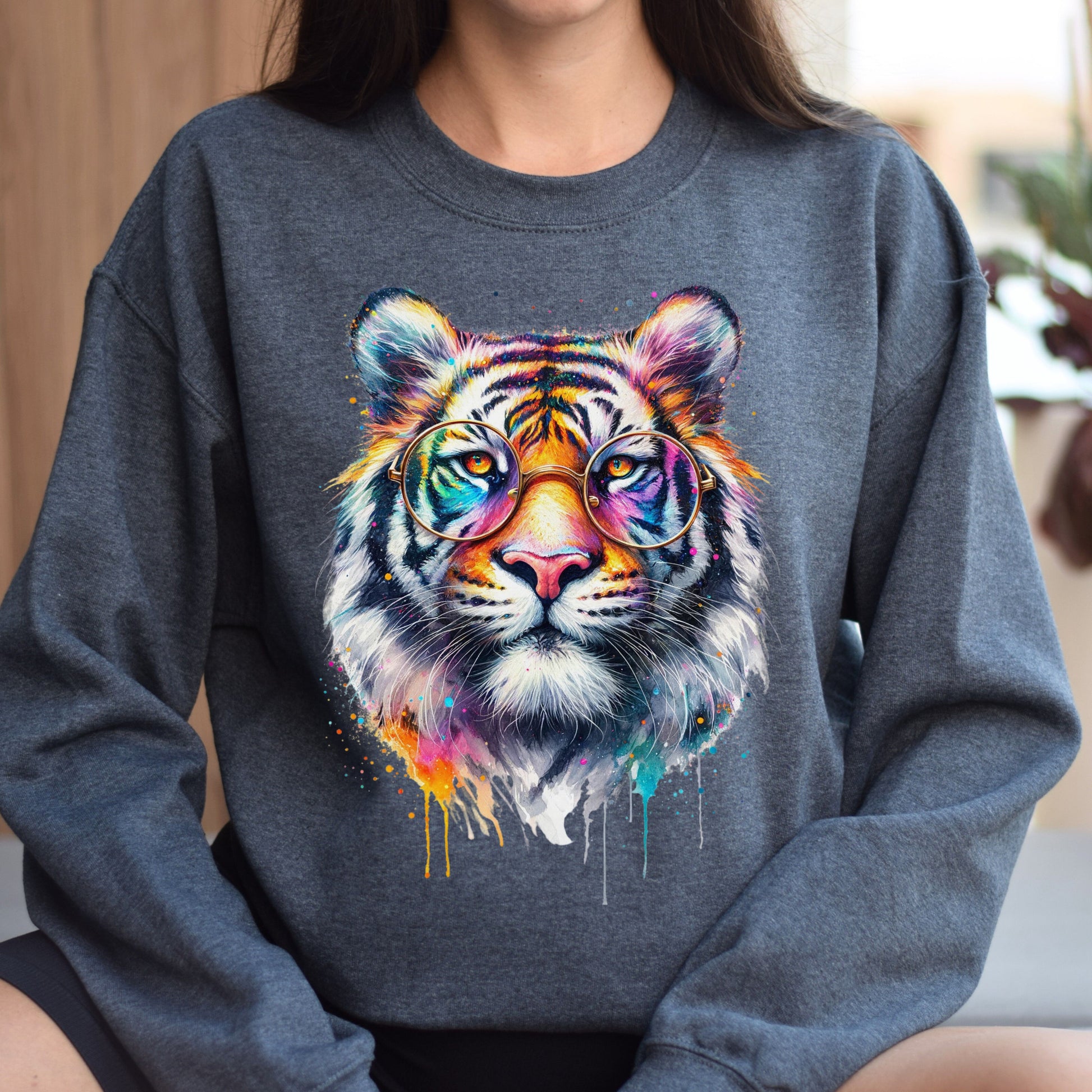 Tiger with eyeglasses Color Splash Unisex Sweatshirt Black Navy Dark Heather-Dark Heather-Family-Gift-Planet
