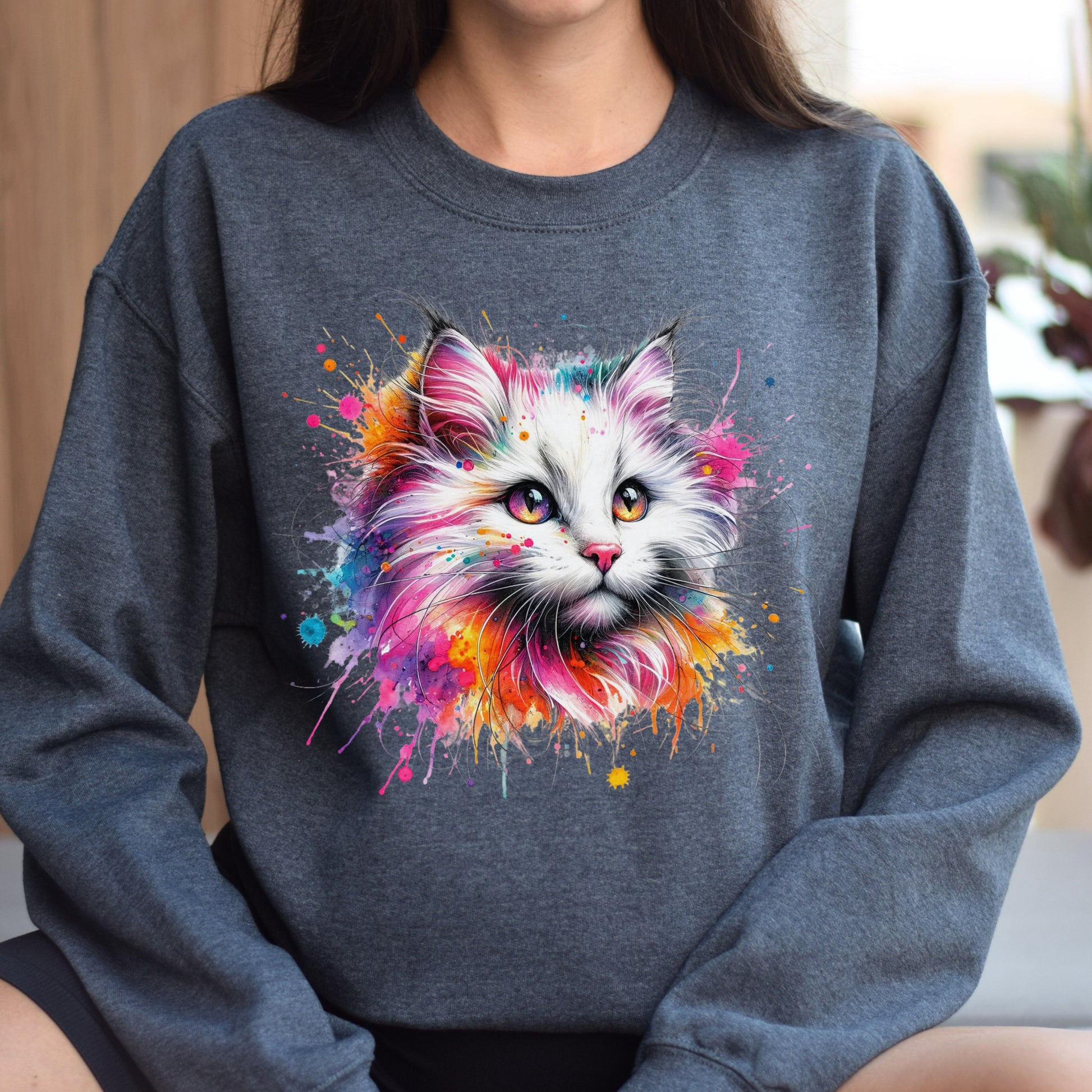 Turkish Angora Cat Color Splash Unisex Sweatshirt Black Navy Dark Heather-Dark Heather-Family-Gift-Planet