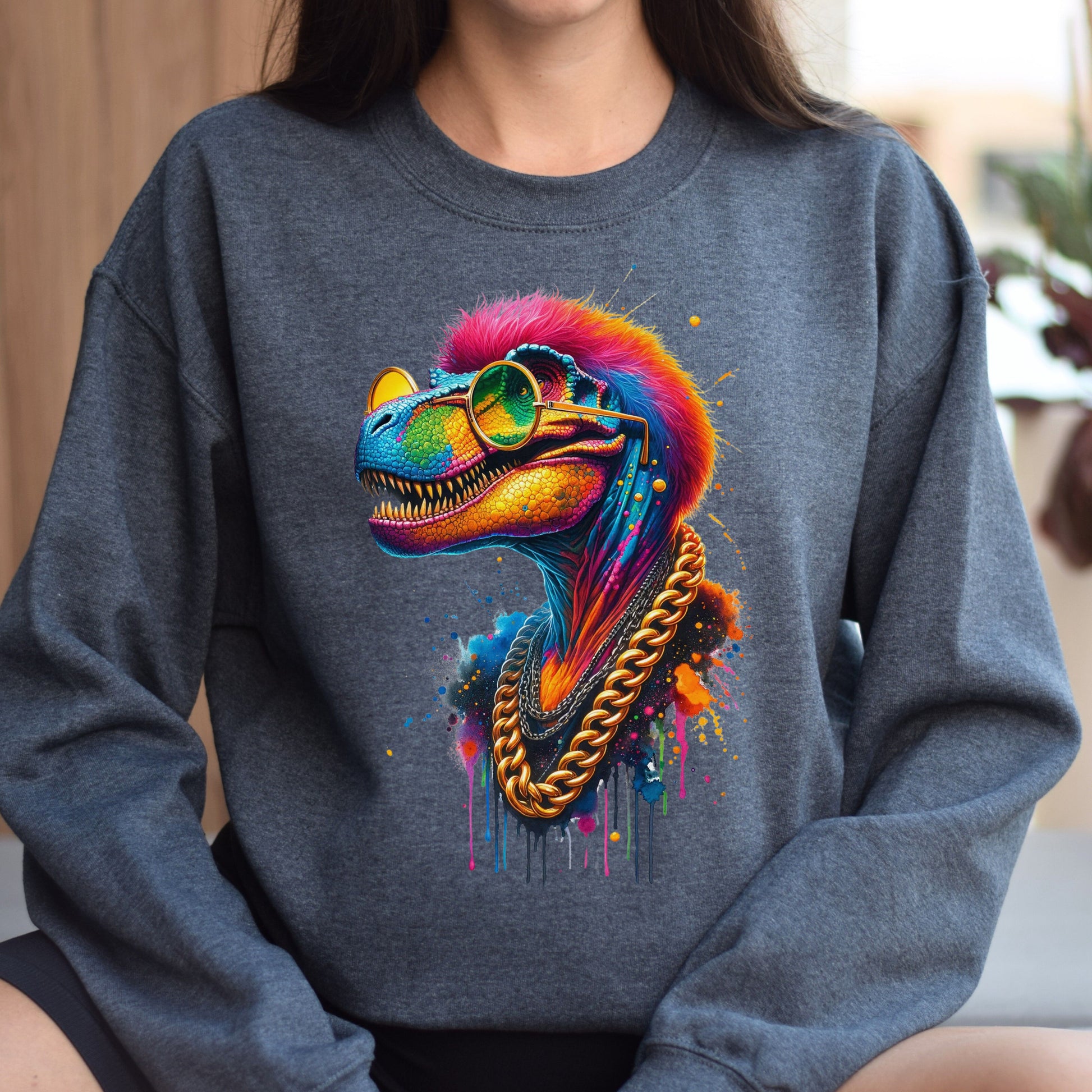 Tyrannosaurus Rex (T-Rex) in hip style Color Splash Unisex Sweatshirt-Dark Heather-Family-Gift-Planet